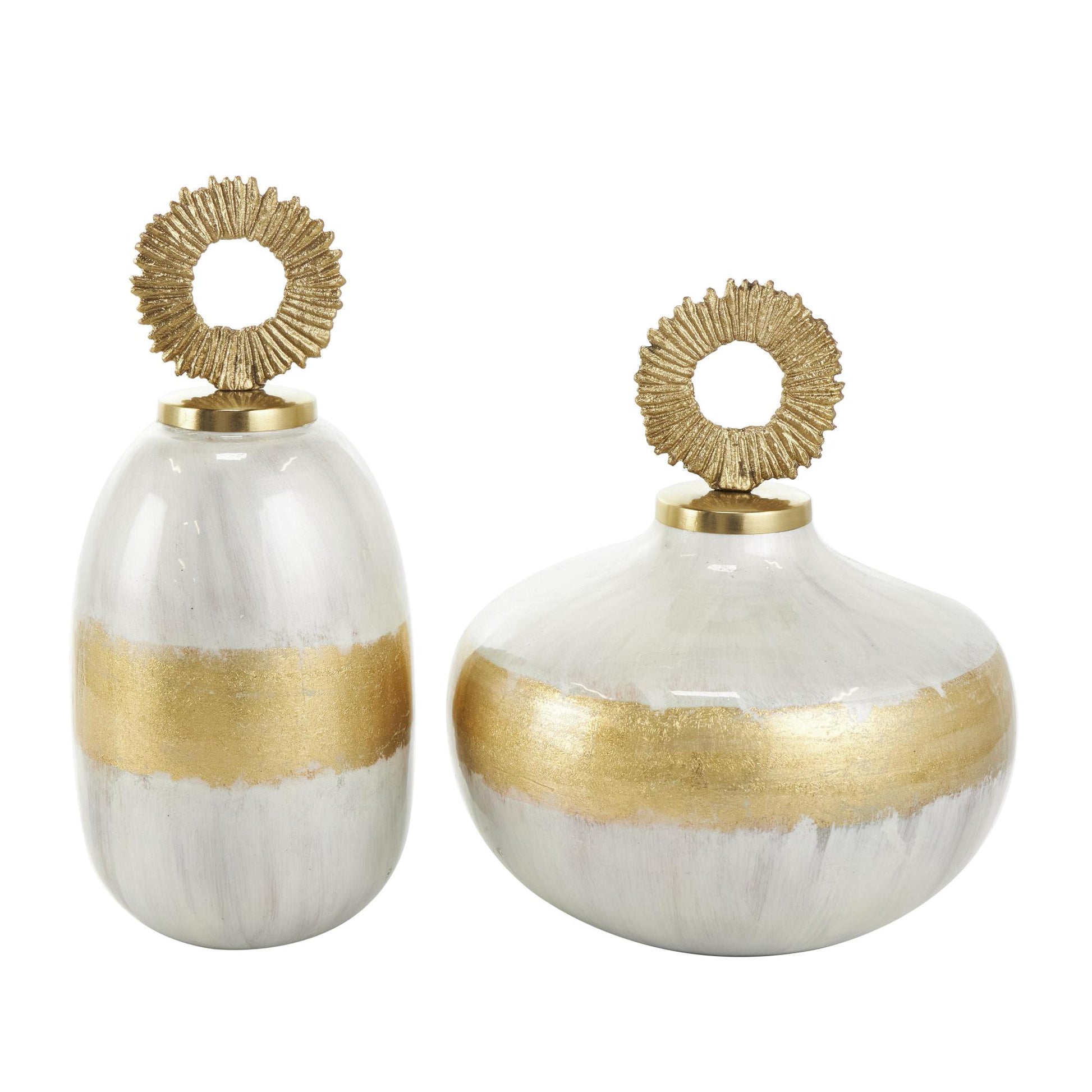 Set of 2 Metal Abstract Brushed Living Room Decorative Jars with Gold Ring Handles Set of 2 11", 13"H