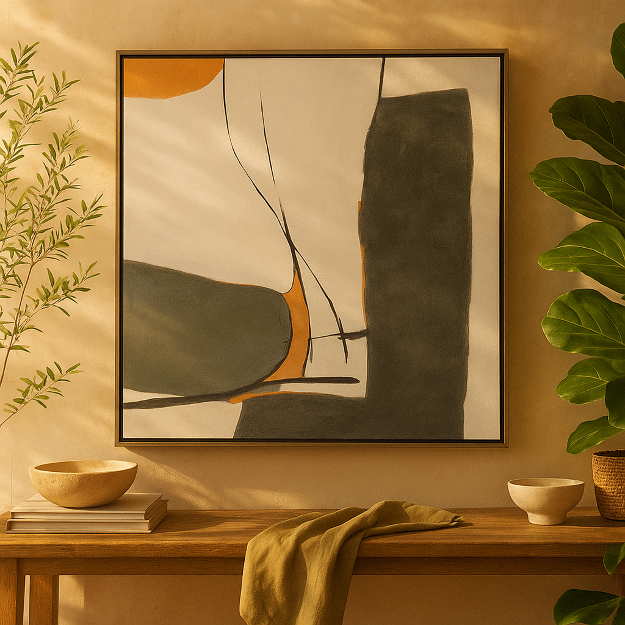 Abstract Green Canvas Line and Shape Living Room Framed Wall Art with Orange Accents
