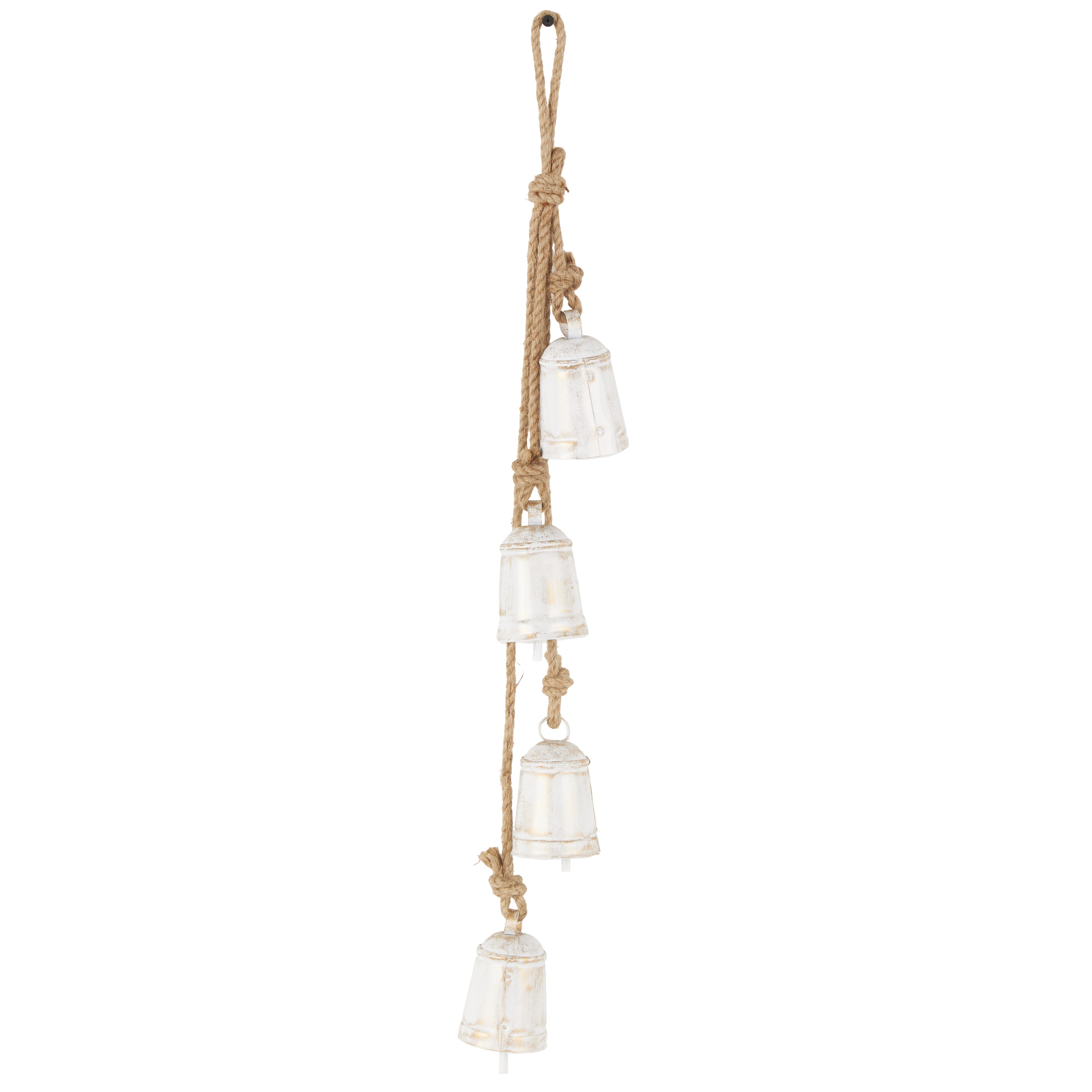 Metal Handmade Tibetan Inspired Indoor Outdoor Decorative Cow Bells with 4 Bells on Jute Hanging Rope