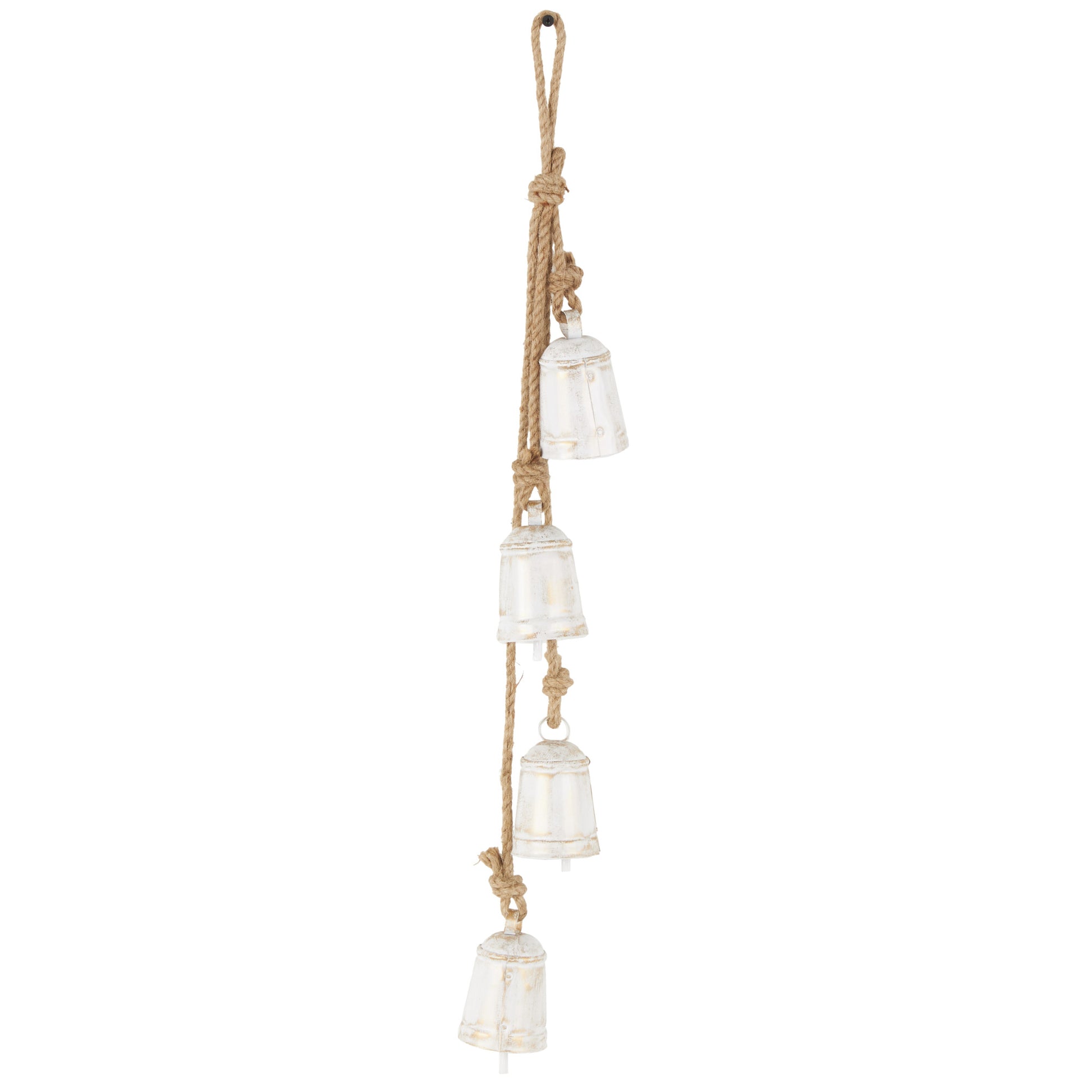 Metal Handmade Tibetan Inspired Indoor Outdoor Decorative Cow Bells with 4 Bells on Jute Hanging Rope