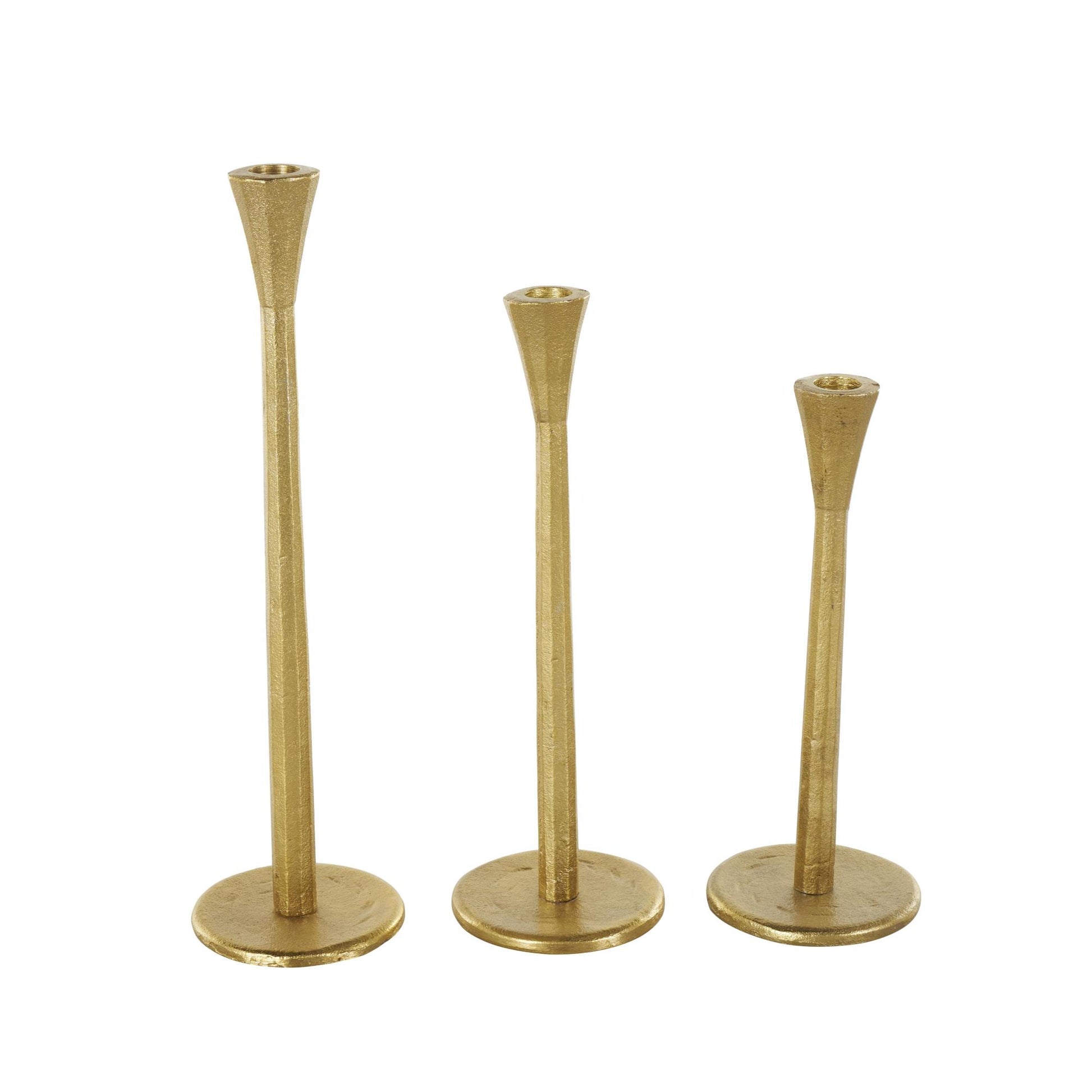 Set of 3 Gold Aluminum Metal Tapered Slim Decorative Candle Holder with Round Base