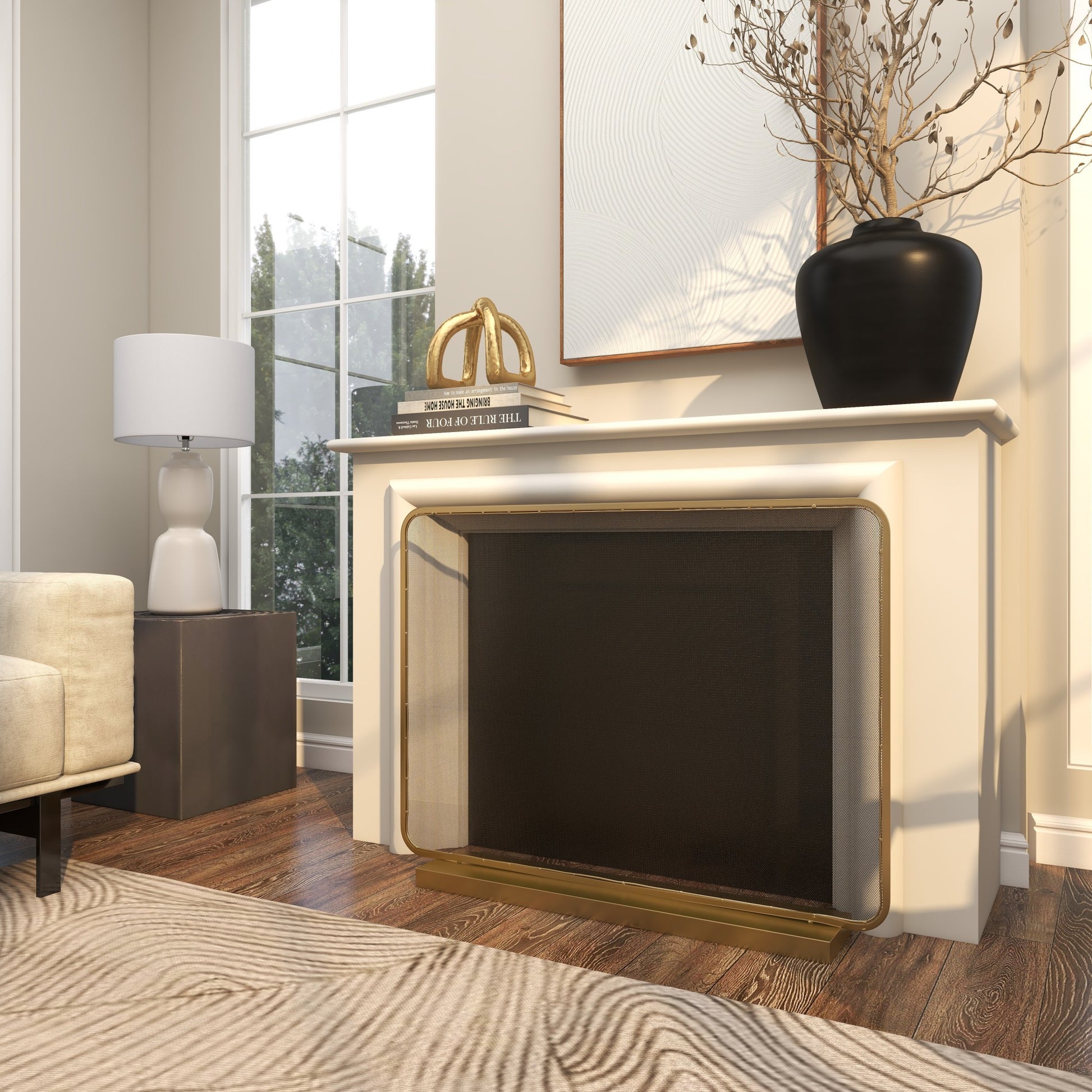 Geometric Gold Metal 1 Panel Living Room Fireplace Screen with Rounded Edges and Rectangular Base
