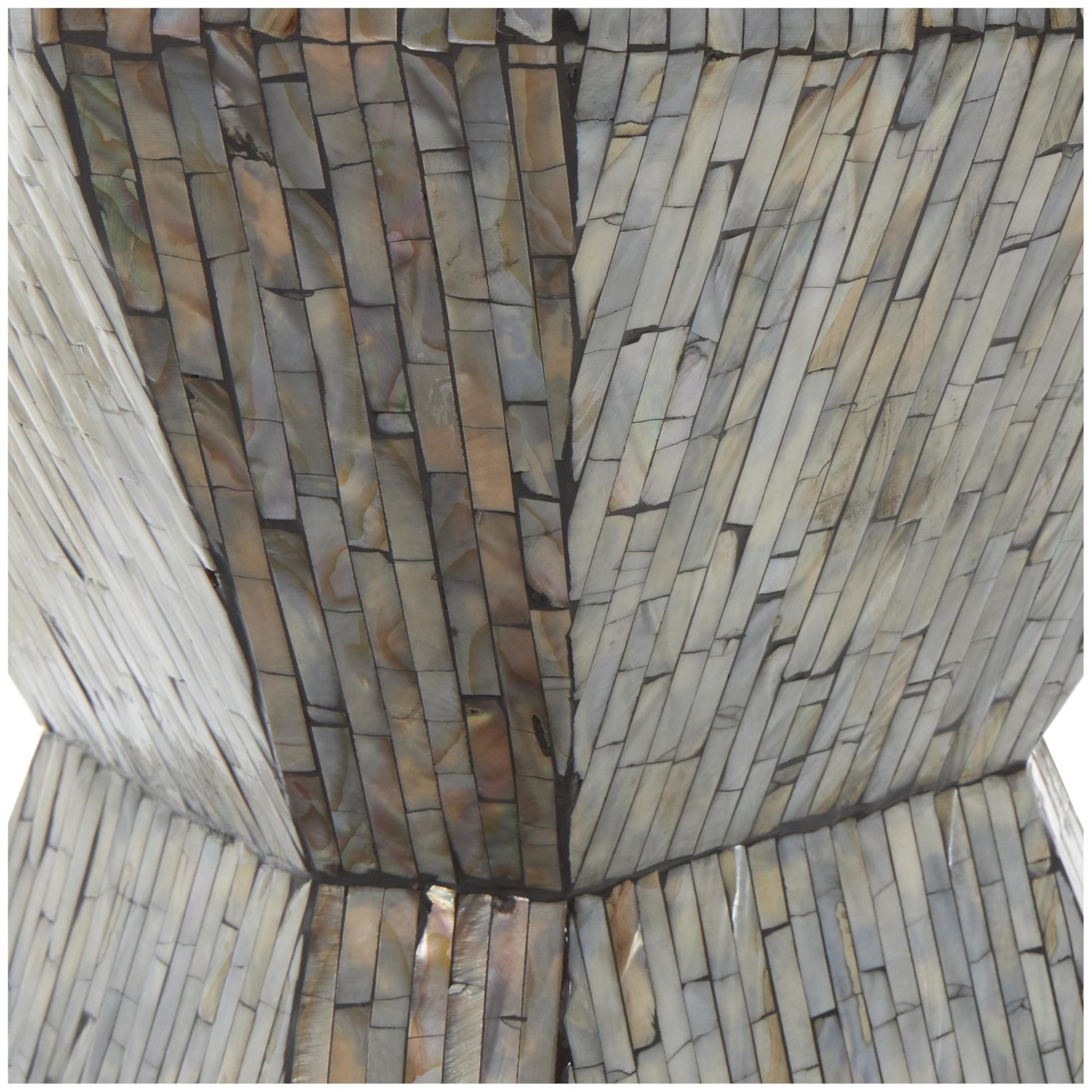 Geometric Gray Mother of Pearl Shell Handmade Hourglass Side End Accent Table with Linear Mosaic Pattern