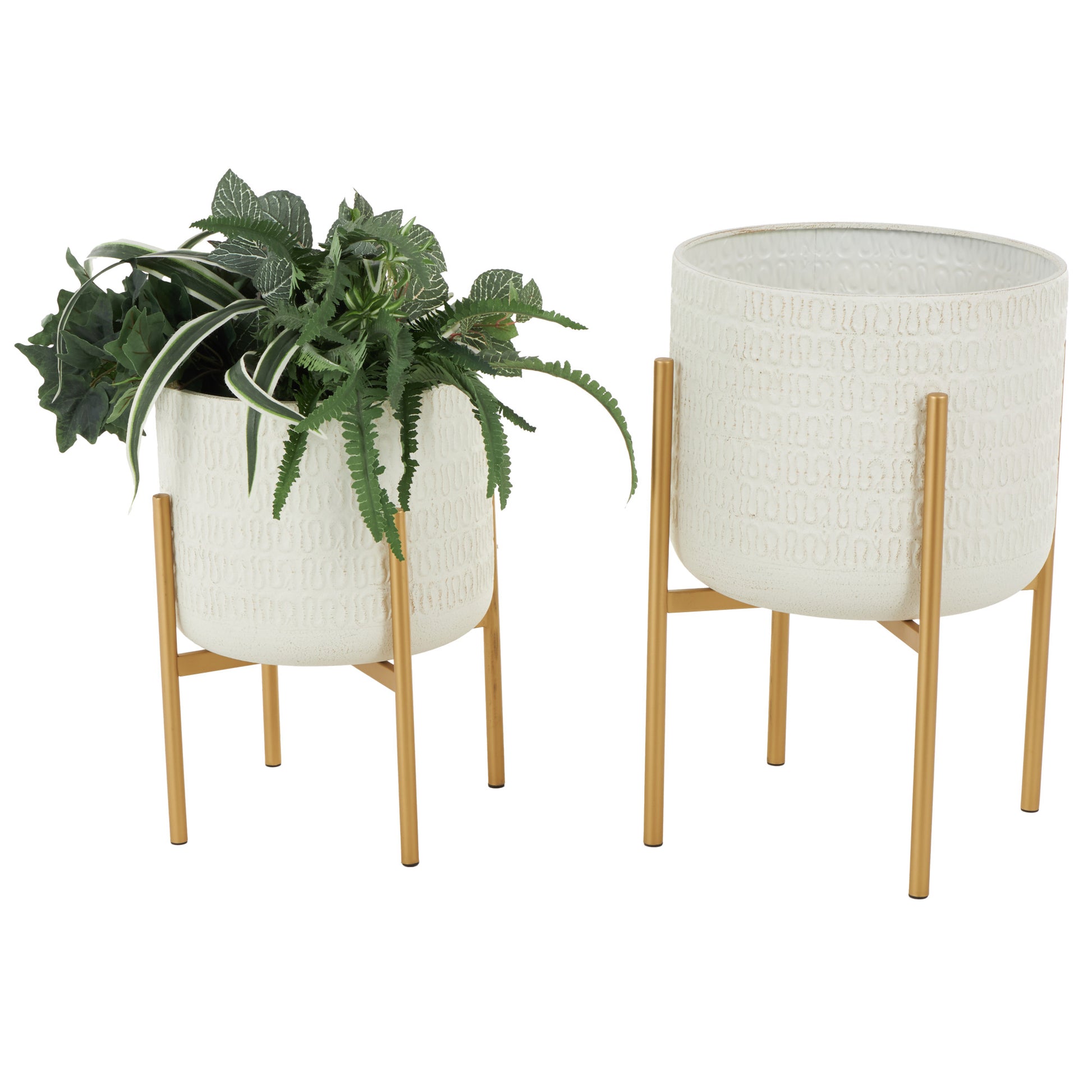 Set of 2 White Metal Dome Indoor Outdoor Planter with Gold Stand