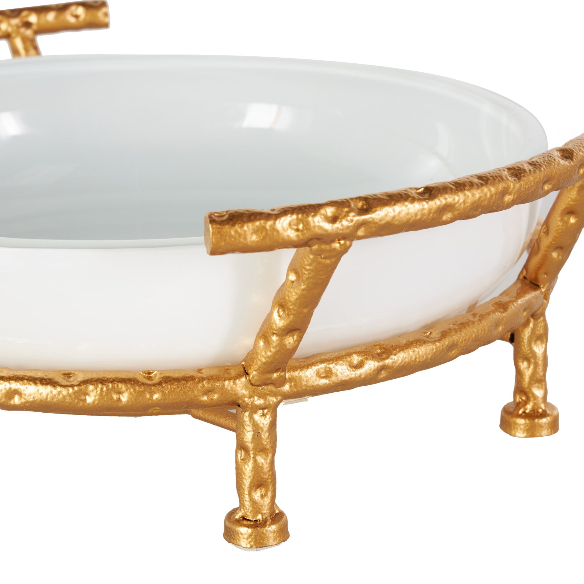 Kitchen White Tempered Glass Decorative Serving Bowl with Gold Metal Stand