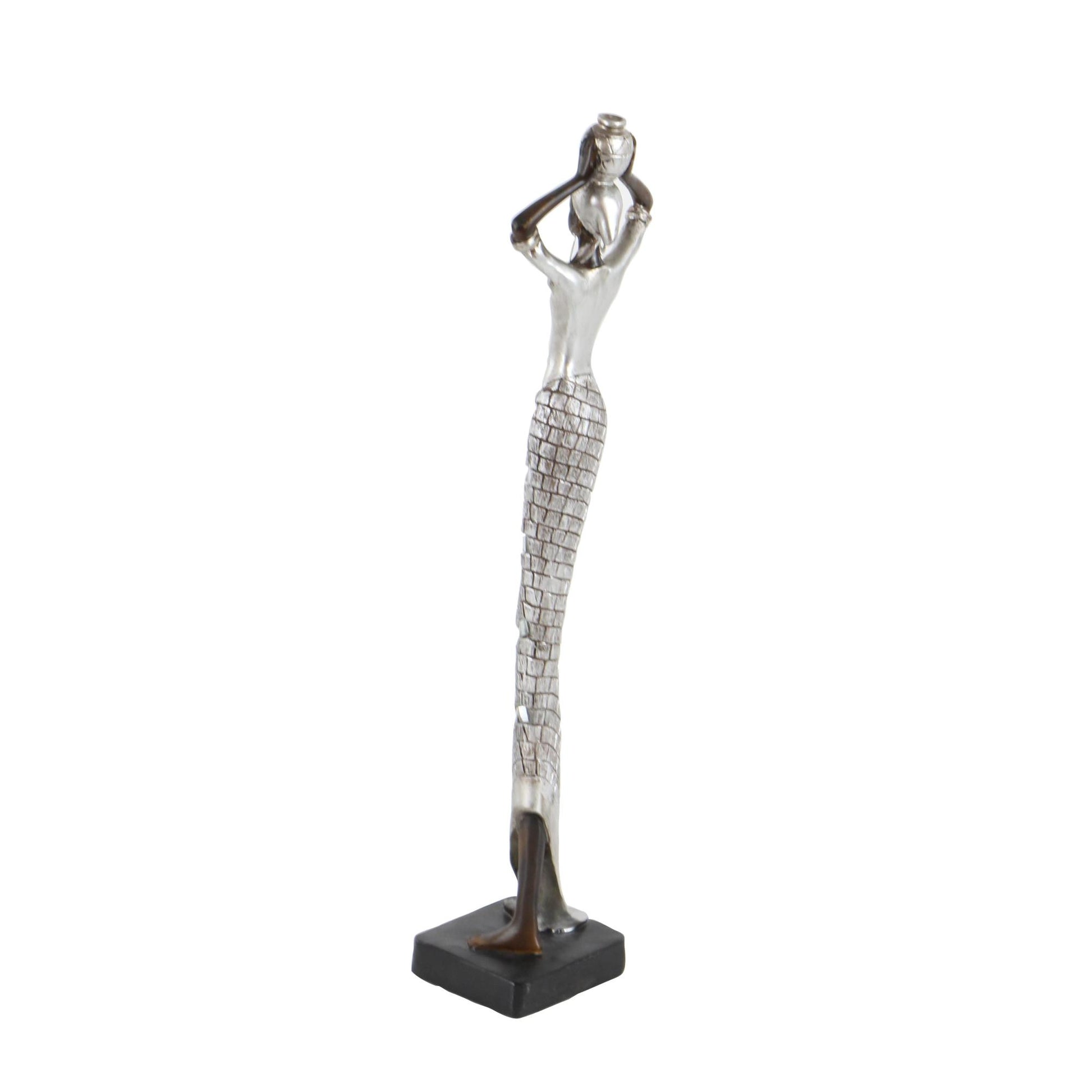 Woman Silver Polystone Standing African Decorative Sculpture with Mosaic Details