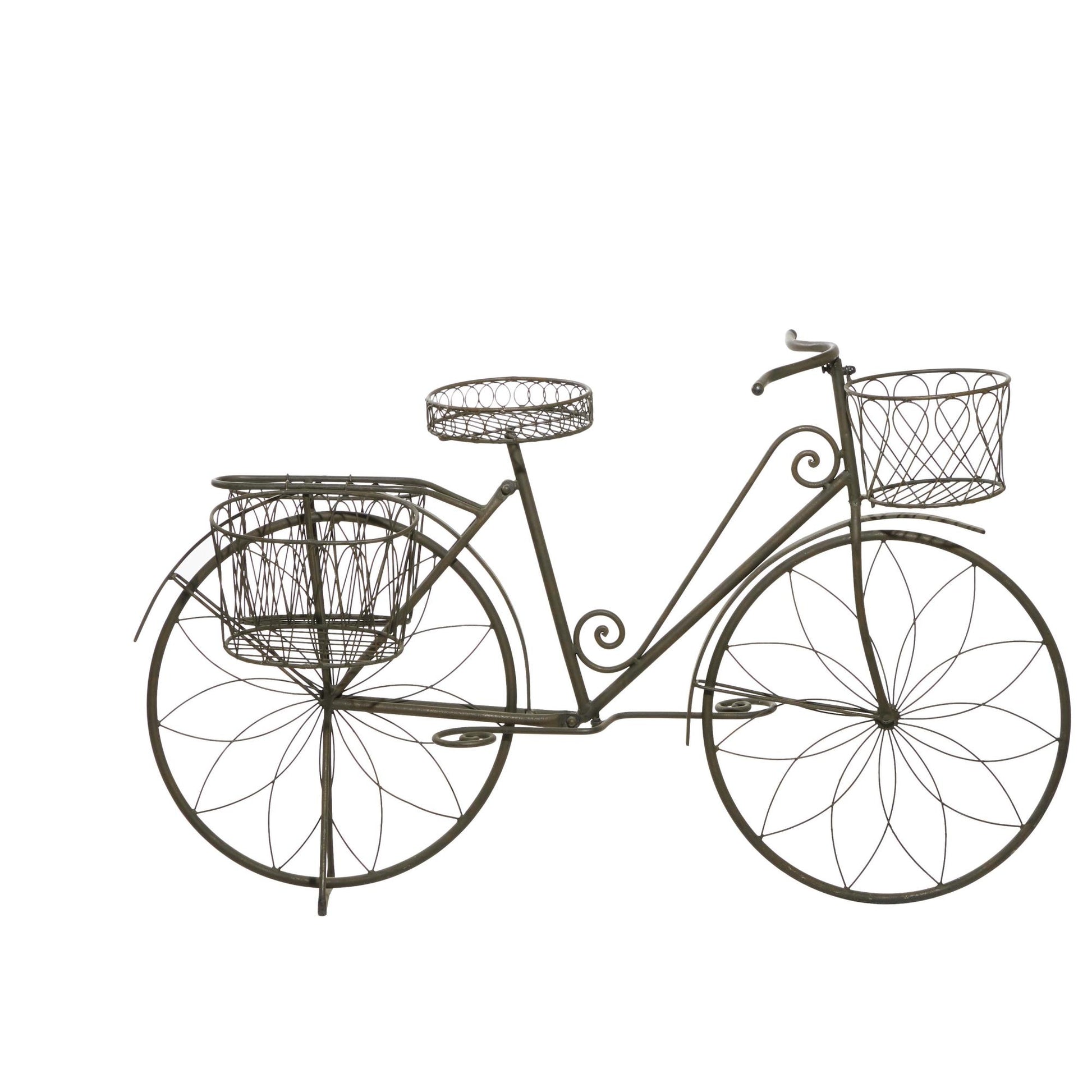 Bike Brown Metal Wire Floral Scrolled Indoor Outdoor Plantstand with Basket and Saddle Bag Planters