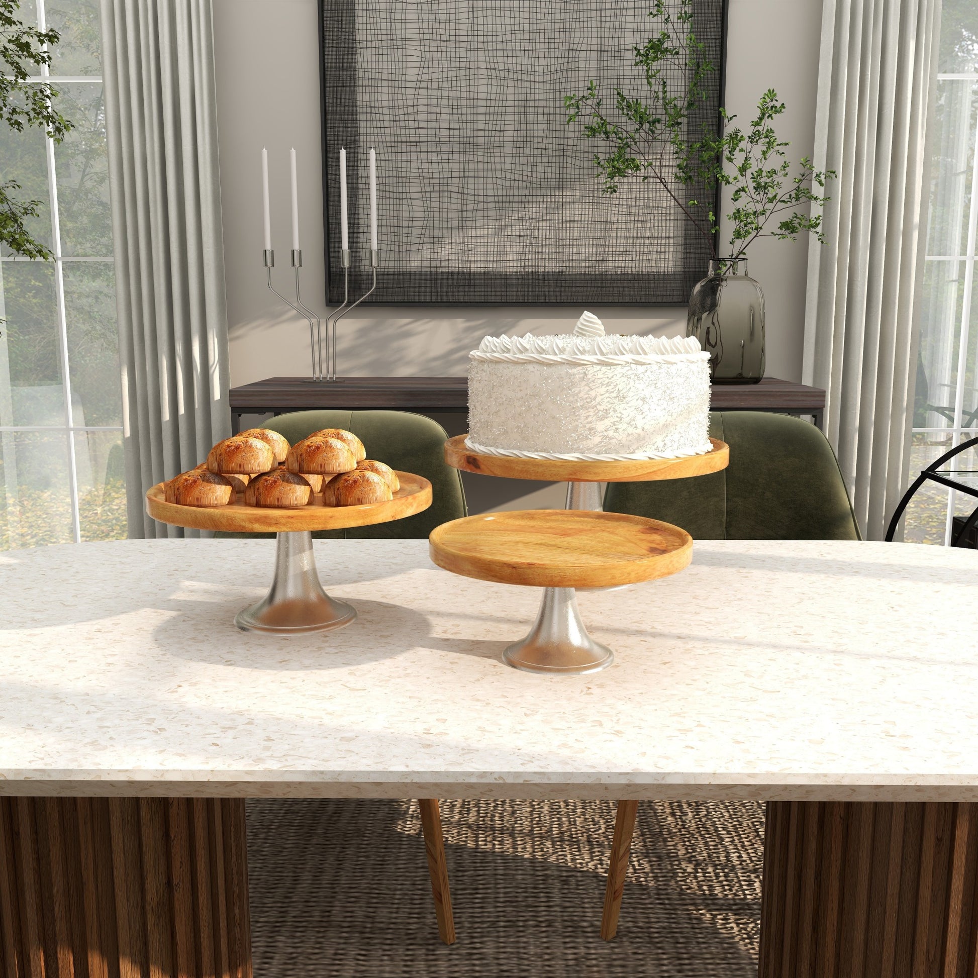 Set of 3 Mango Wood Decorative Cake Stand with Silver Aluminum Cone Base