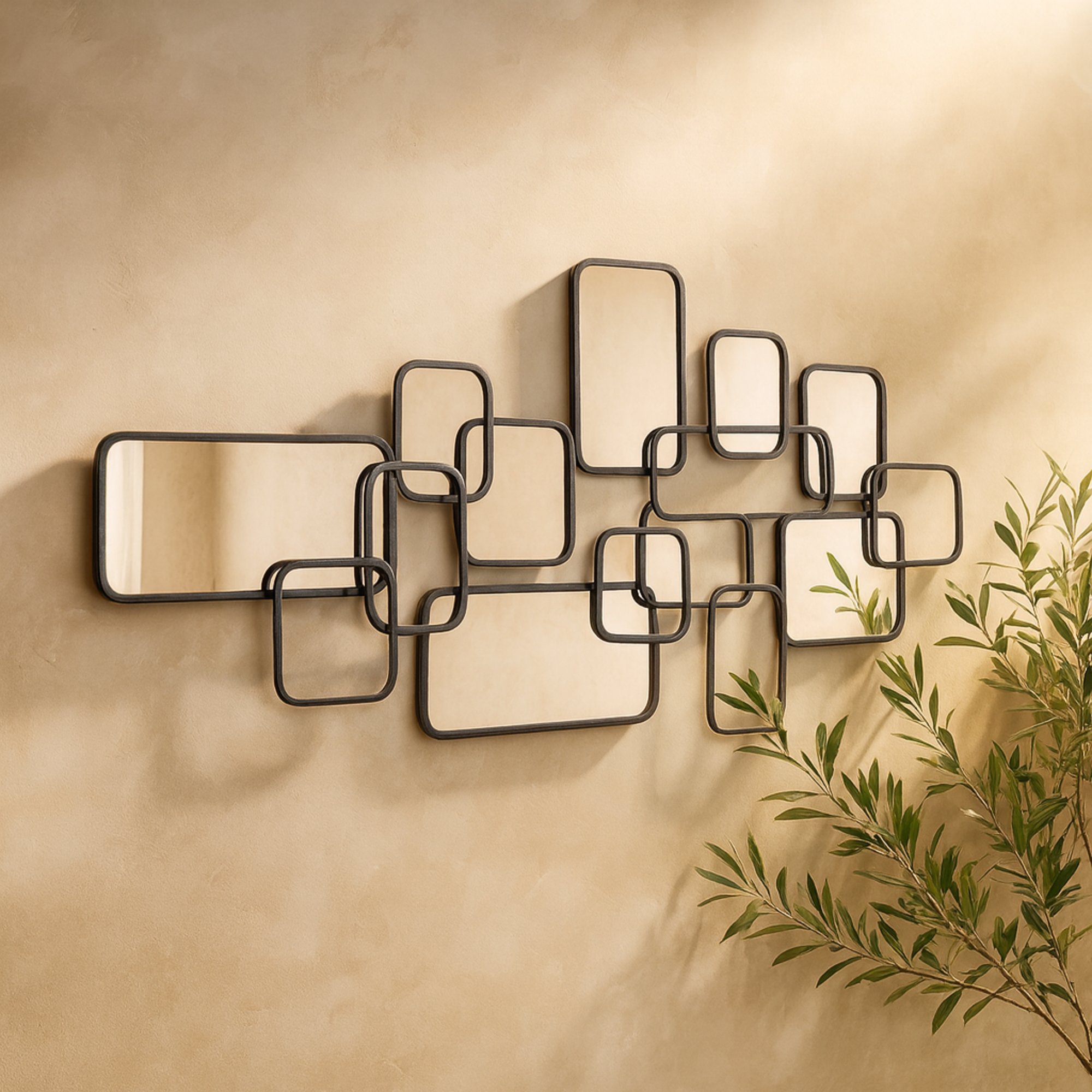 CosmoLiving by Cosmopolitan Geometric Black Metal Overlapping Rectangle Room Wall Mirror with Wire Rod Outlines