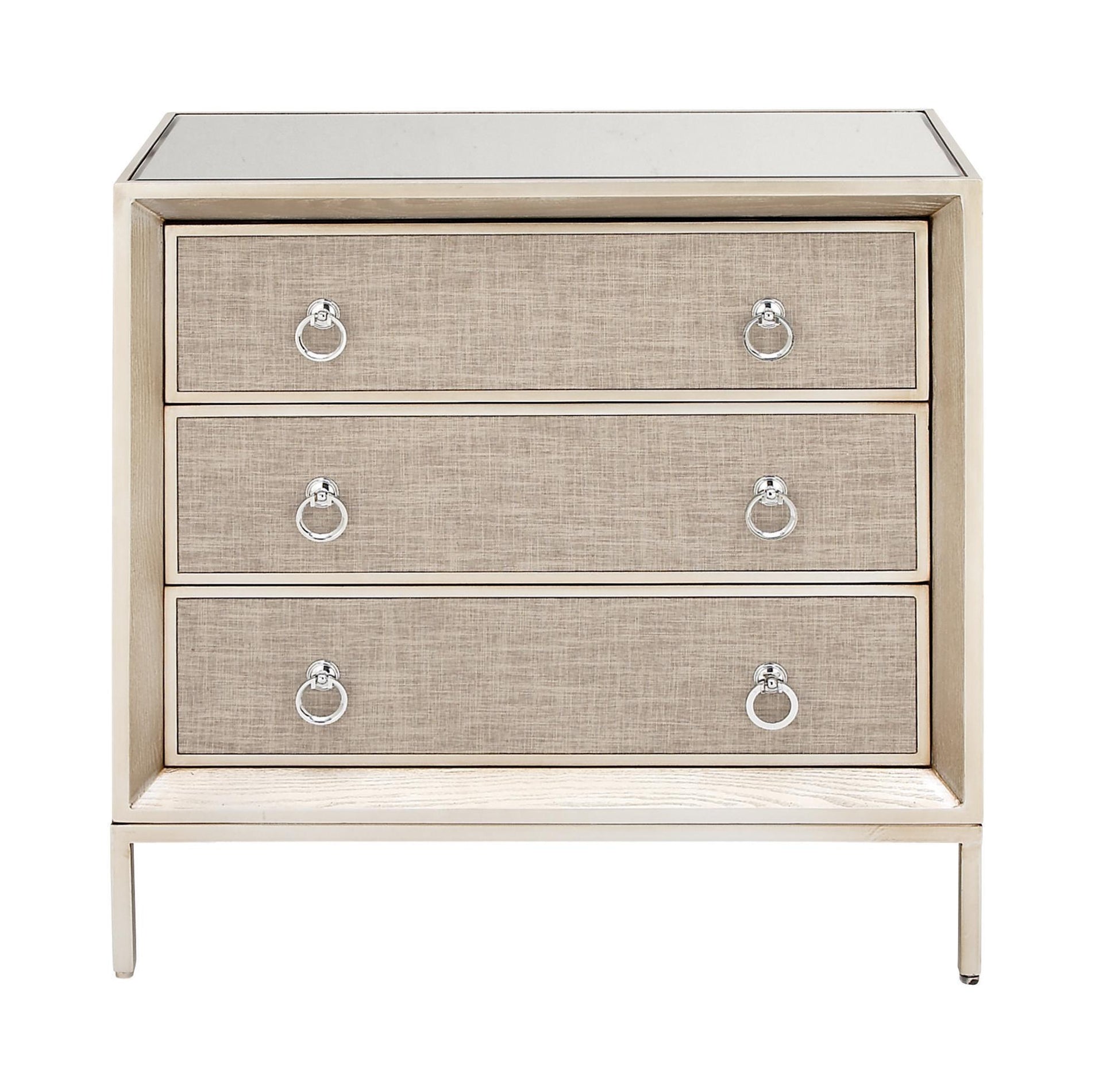 Beige Wooden Upholstered Front Panel 3 Drawer Room Chest with Mirrored Top and Ring Handles