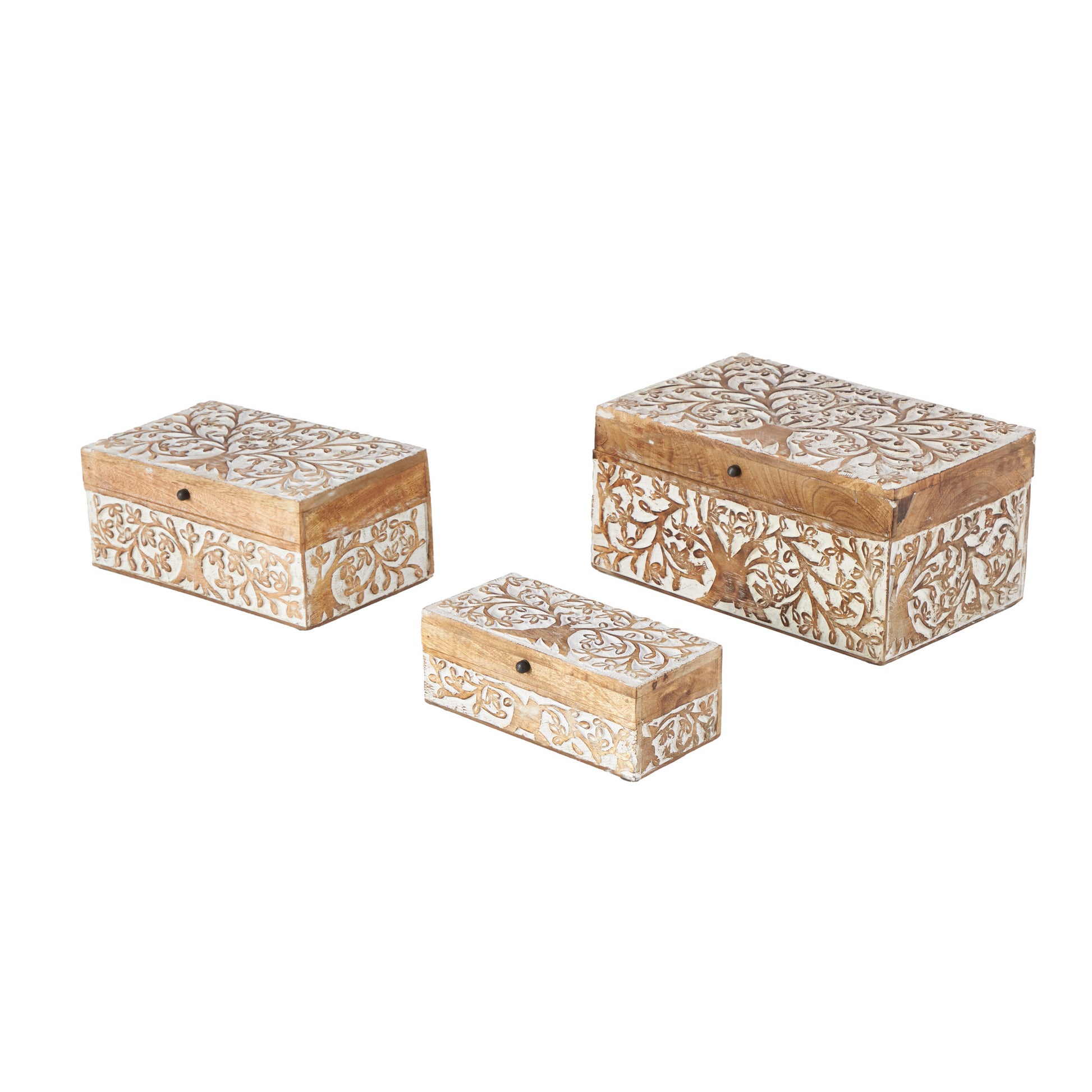 Set of 3 Tree Brown Mango Wood Carved Decorative Box with White Backing