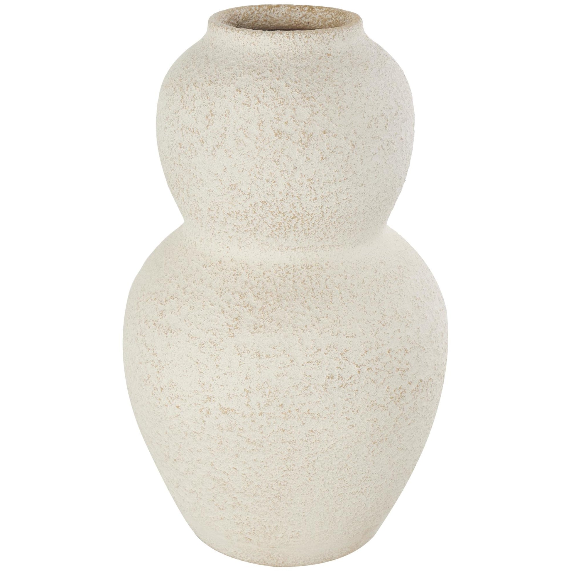 Cream Ceramic Hourglass Textured Decorative Vase with Brown Distressing