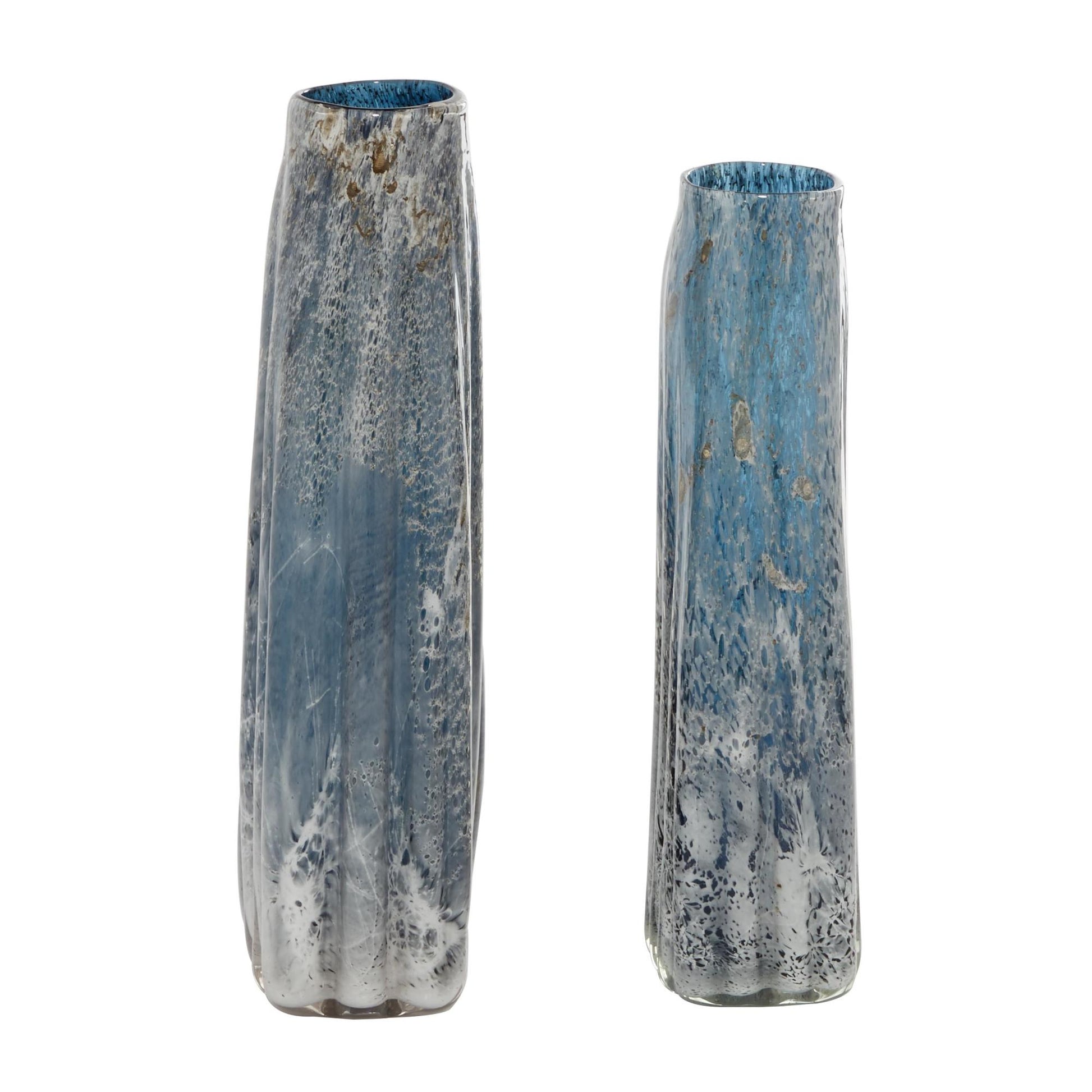 Set of 2 Abstract Blue Glass Handmade Blown Decorative Vase