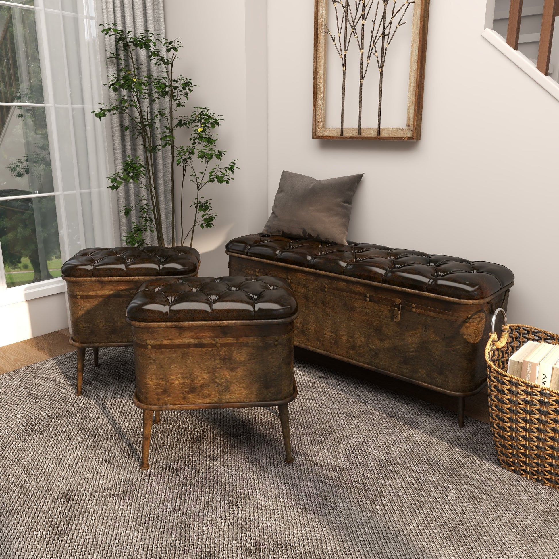 Set of 3 Bronze Metal Weathered Room Storage Bench with Dark Brown Tufted Faux Leather