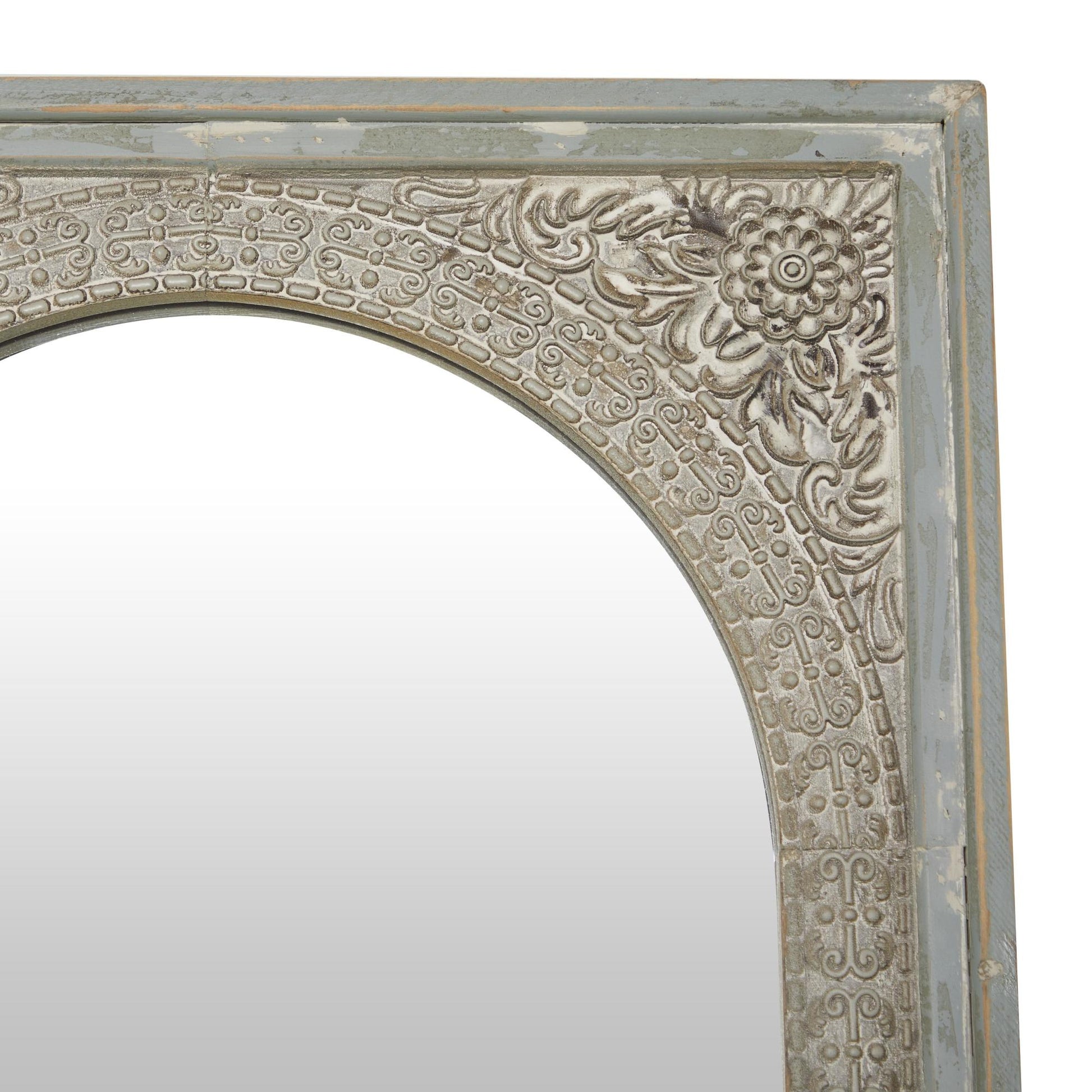 Floral Green Wood Embossed Room Floor Mirror with Black Metal Foldable Stand