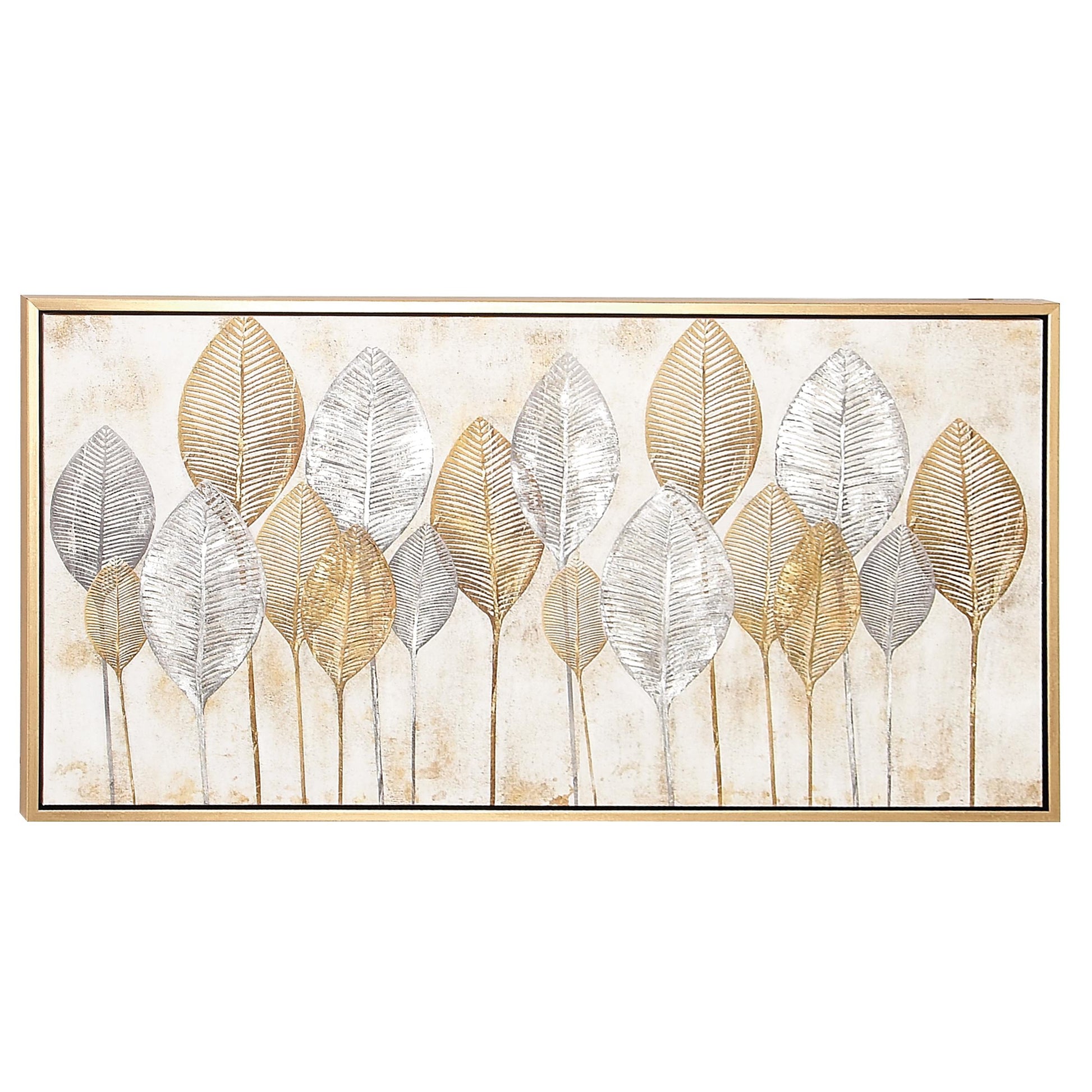 CosmoLiving by Cosmopolitan Leaf Canvas Living Room Framed Wall Art with Silver Accents and Gold Frame 55" x 2" x 27"