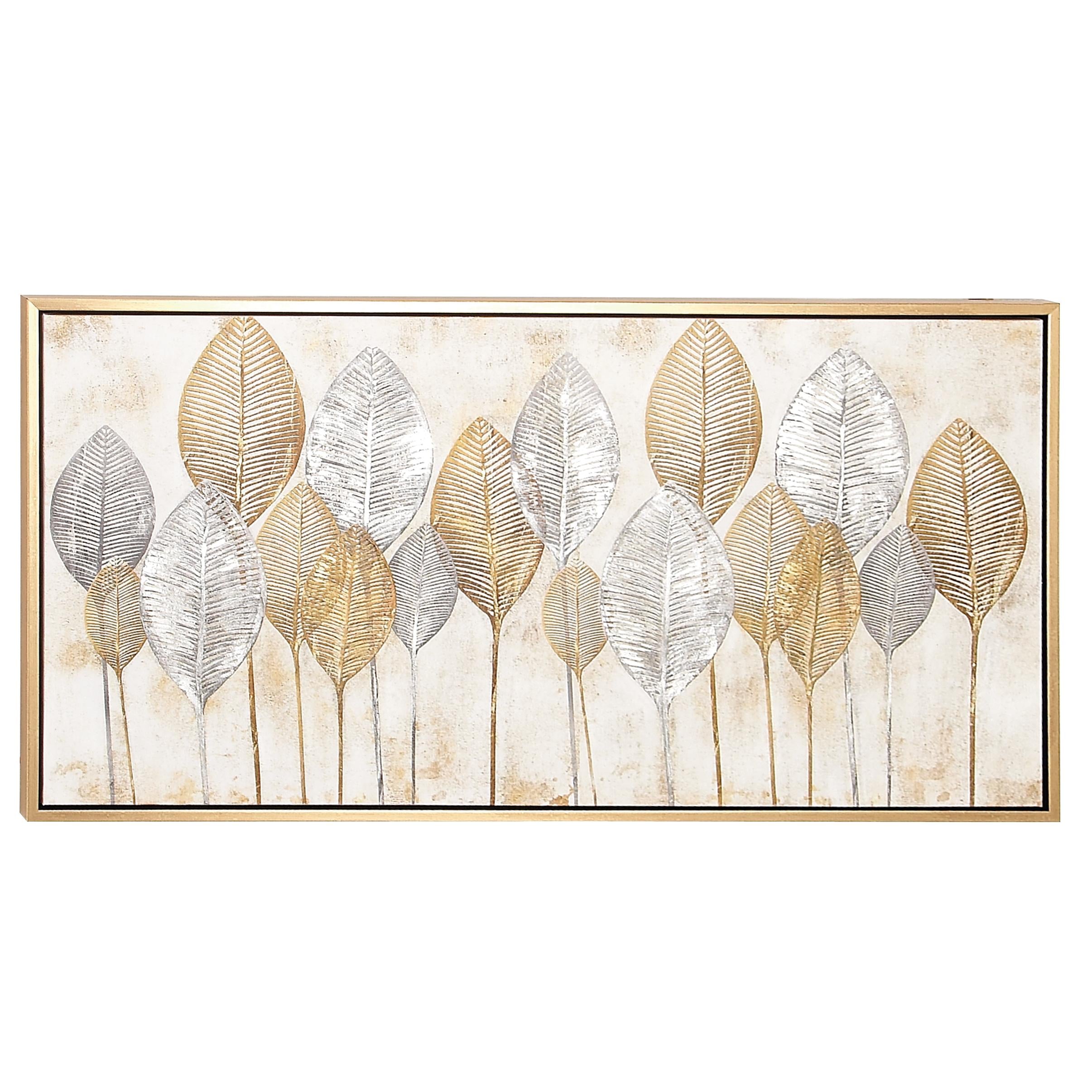 CosmoLiving by Cosmopolitan Leaf Canvas Living Room Framed Wall Art with Silver Accents and Gold Frame 55" x 2" x 27"
