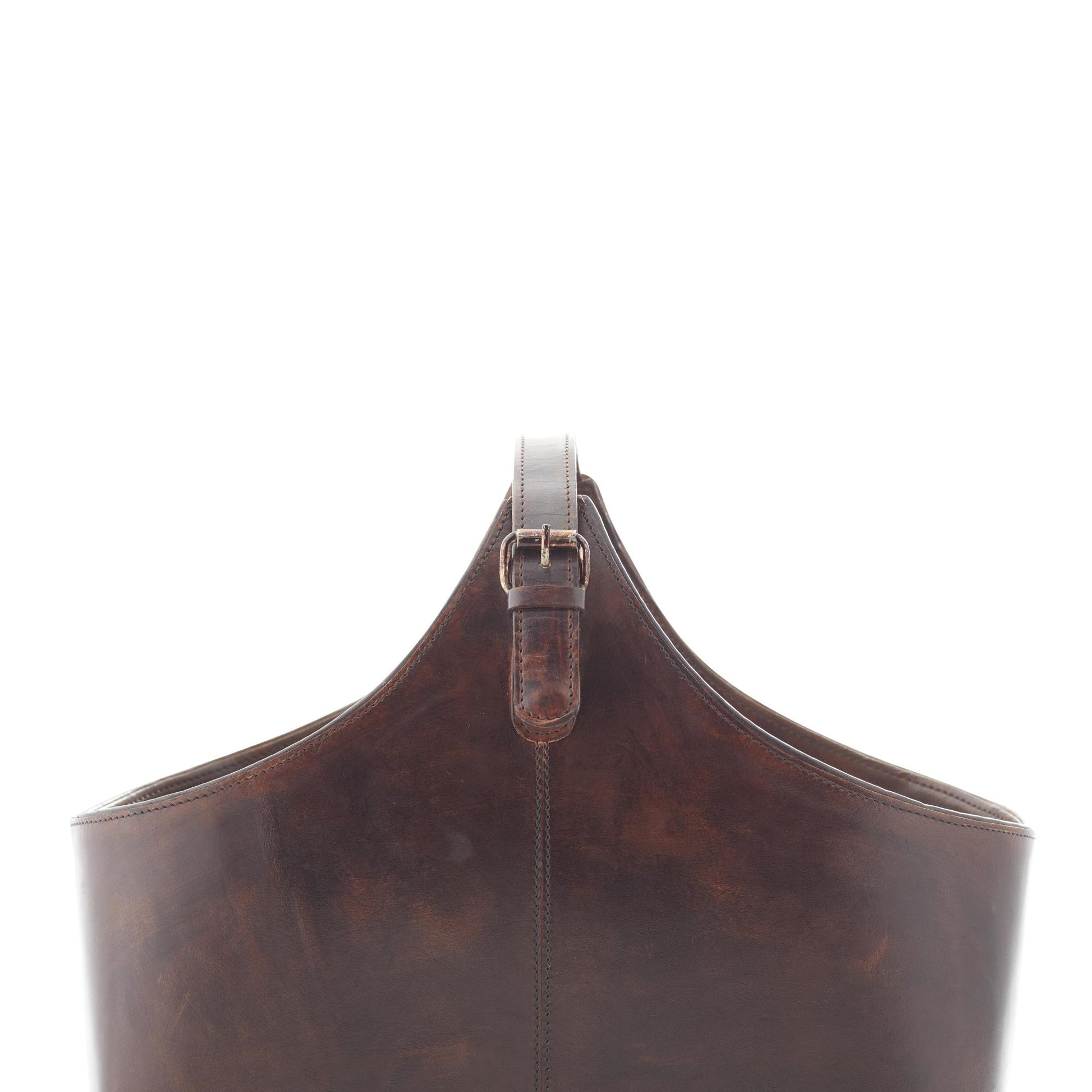 Leather Handmade Box Style Decorative Magazine Holder with Detail Stitching and Curved Buckle Handle