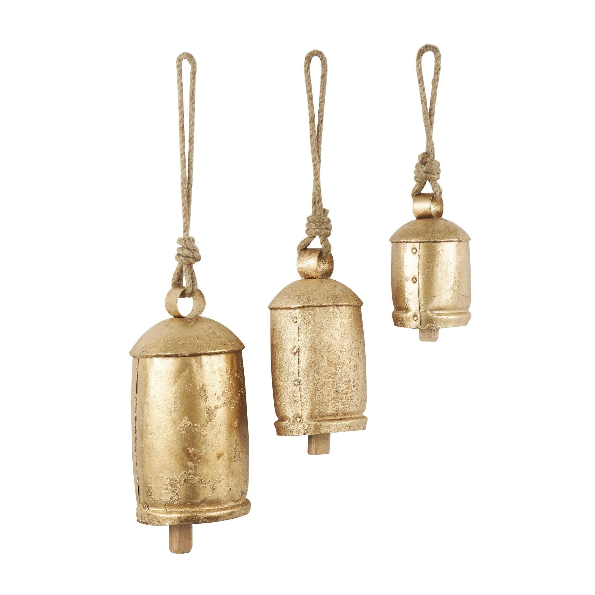 Set of 3 Metal Cluster Indoor Outdoor Decorative Cow Bells with Jute Hanging Rope Set of 3 10",8",6"H