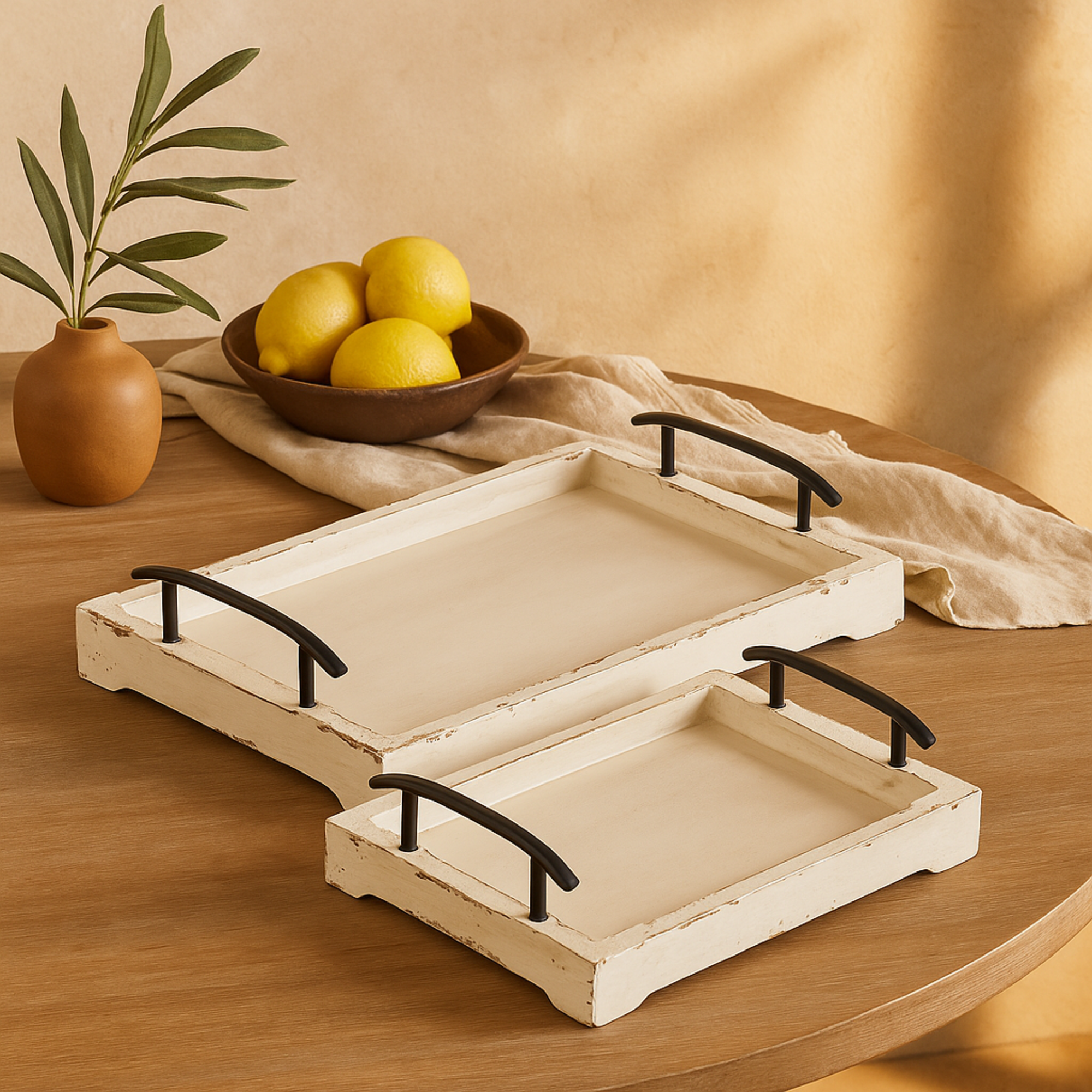 Set of 2 Wood Living Room Decor Tray with Metal Handles