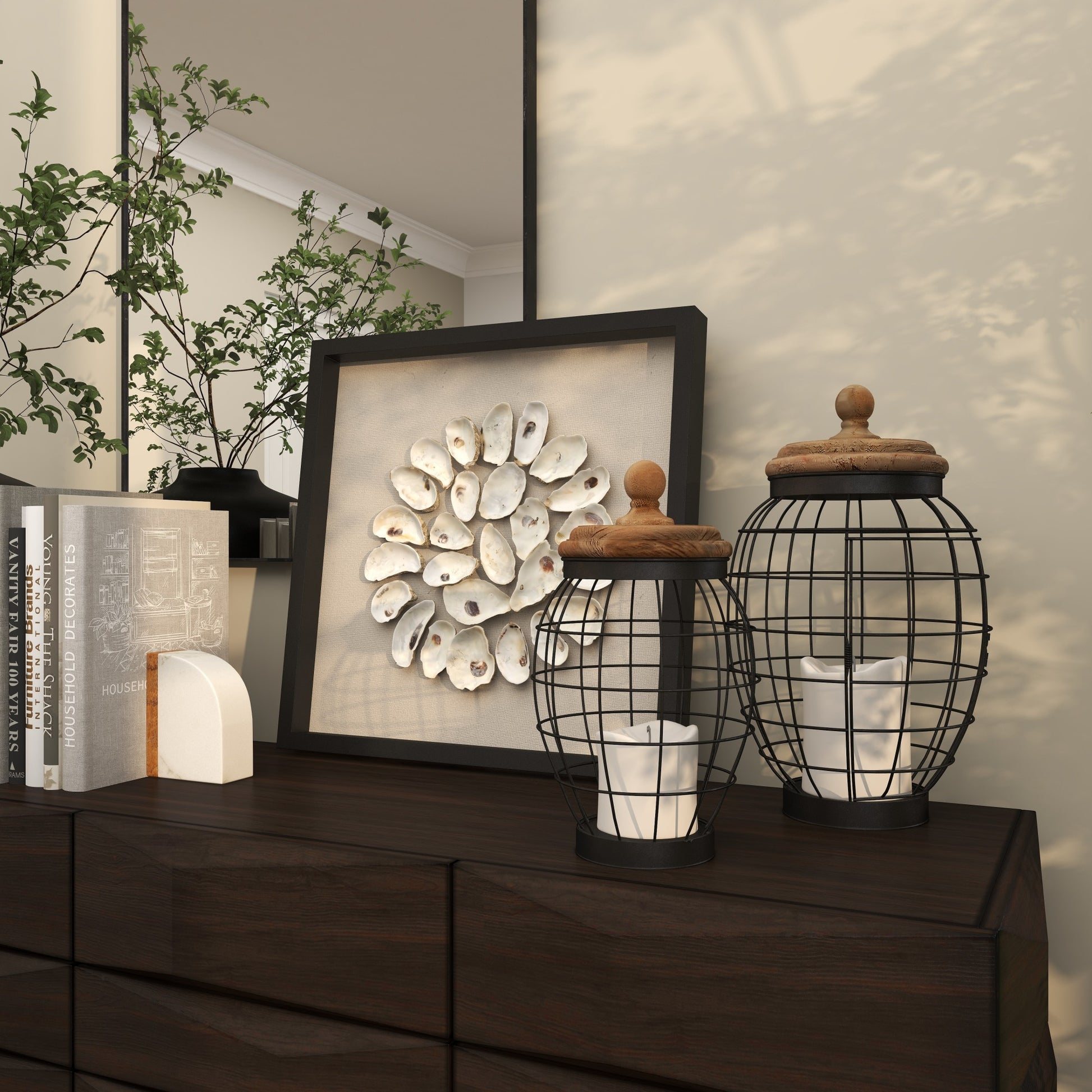 Set of 2 Black Metal Wire Caged Living Room Decorative Jars with Wooden Lids