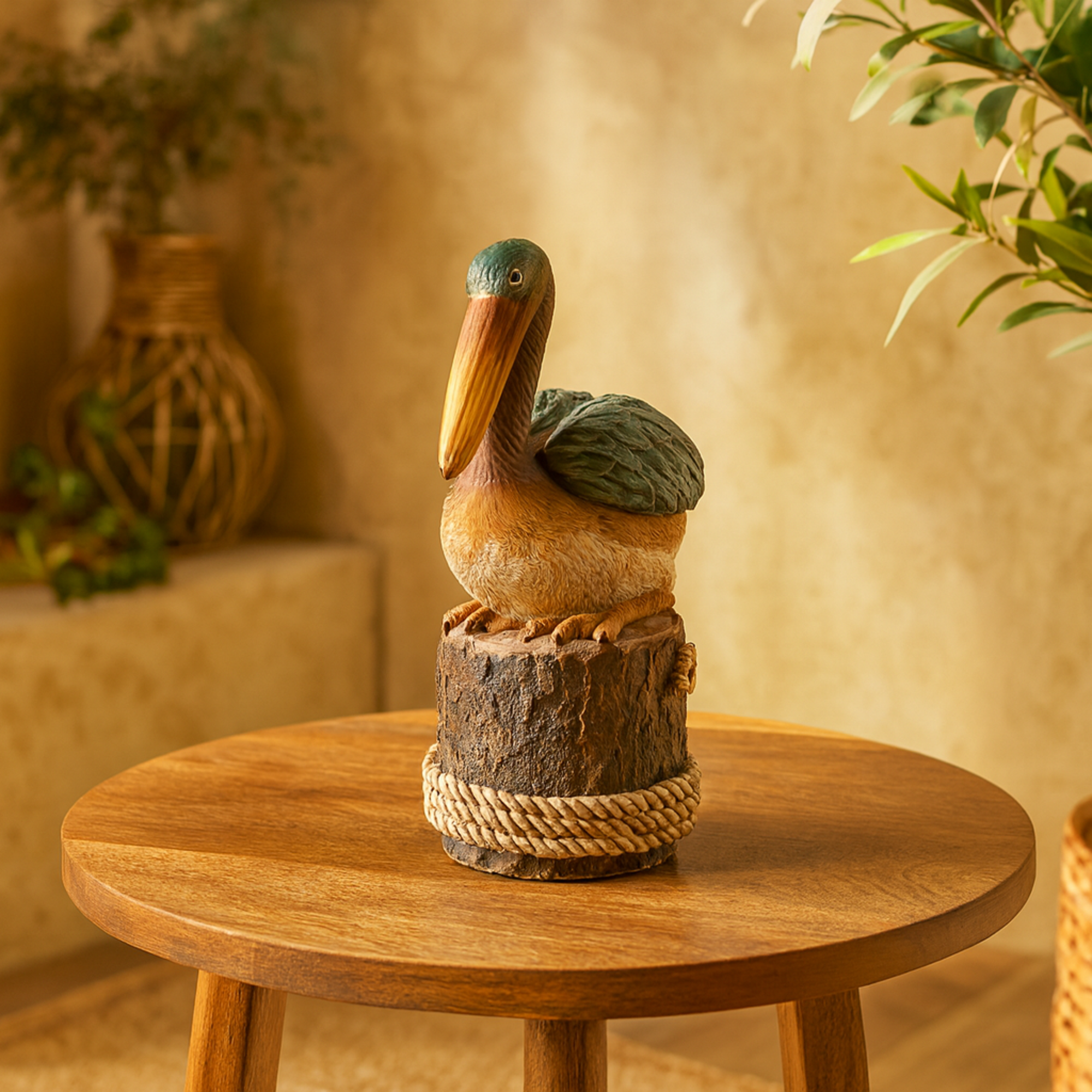 Pelican Teal Resin Textured Sitting Decorative Sculpture with Brown Block and Shiny Accents