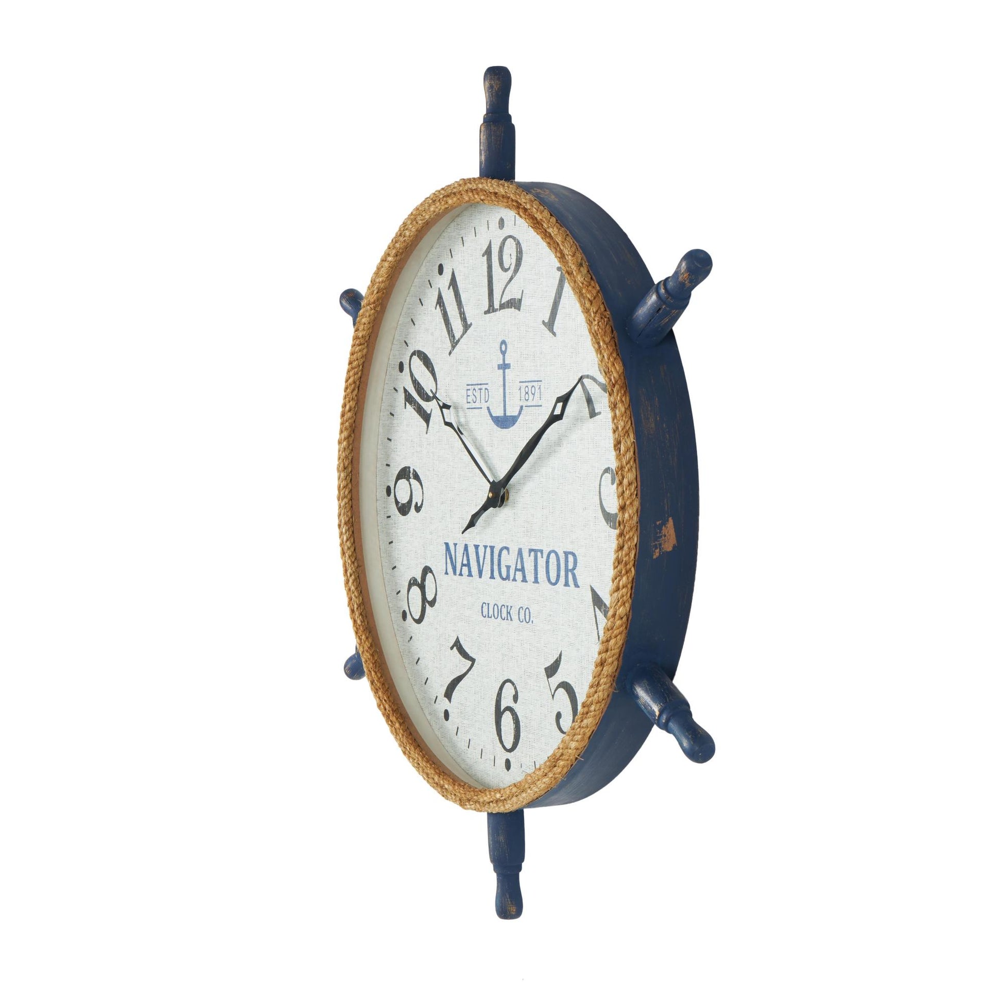 Ship Wheel White Wood Decorative Wall Clock with Brown Rope Frame and Blue Spokes