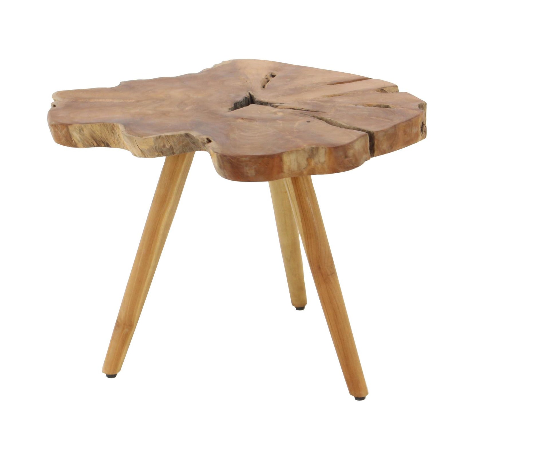 Brown Teak Wood Handmade Live Edge Side End Accent Table with Tripod Legs