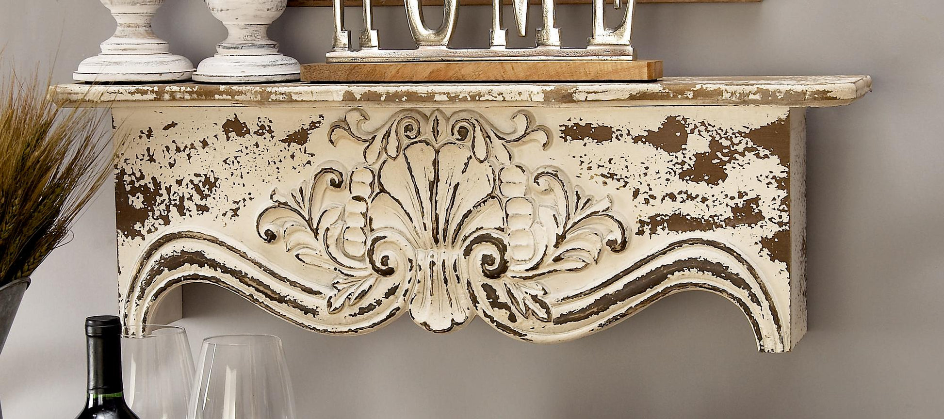 Scroll White Wood Distressed 1 Shelf Room Wall Shelf