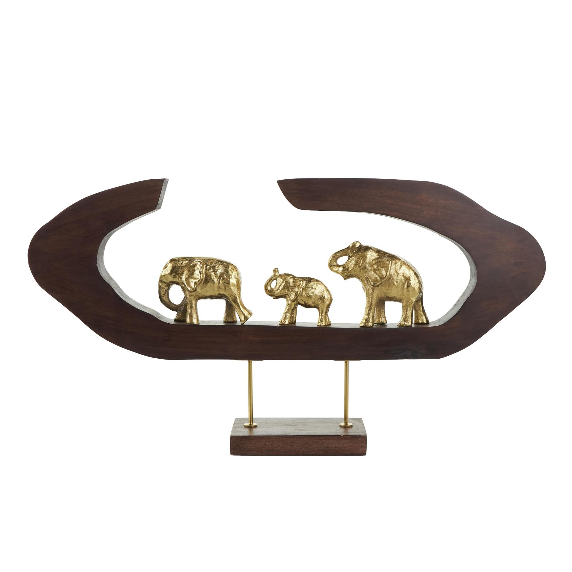 Elephant Gold Aluminum Metal Decorative Sculpture with Brown Wooden Frame