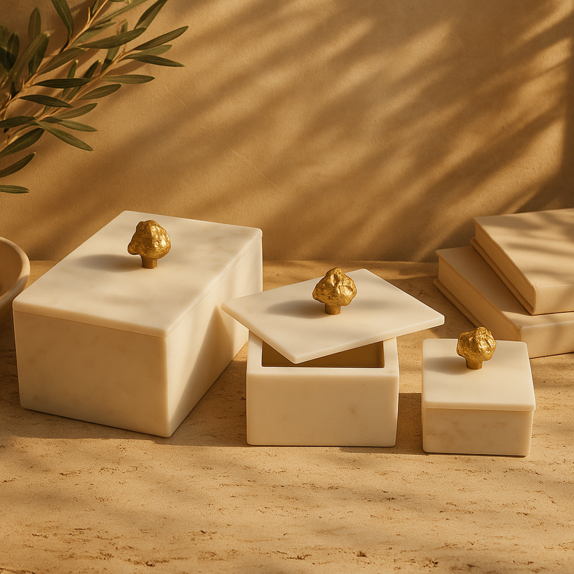 Set of 3 Marble Decorative Box with Textured Aluminum Knobs Set of 3 9", 7", 6"W