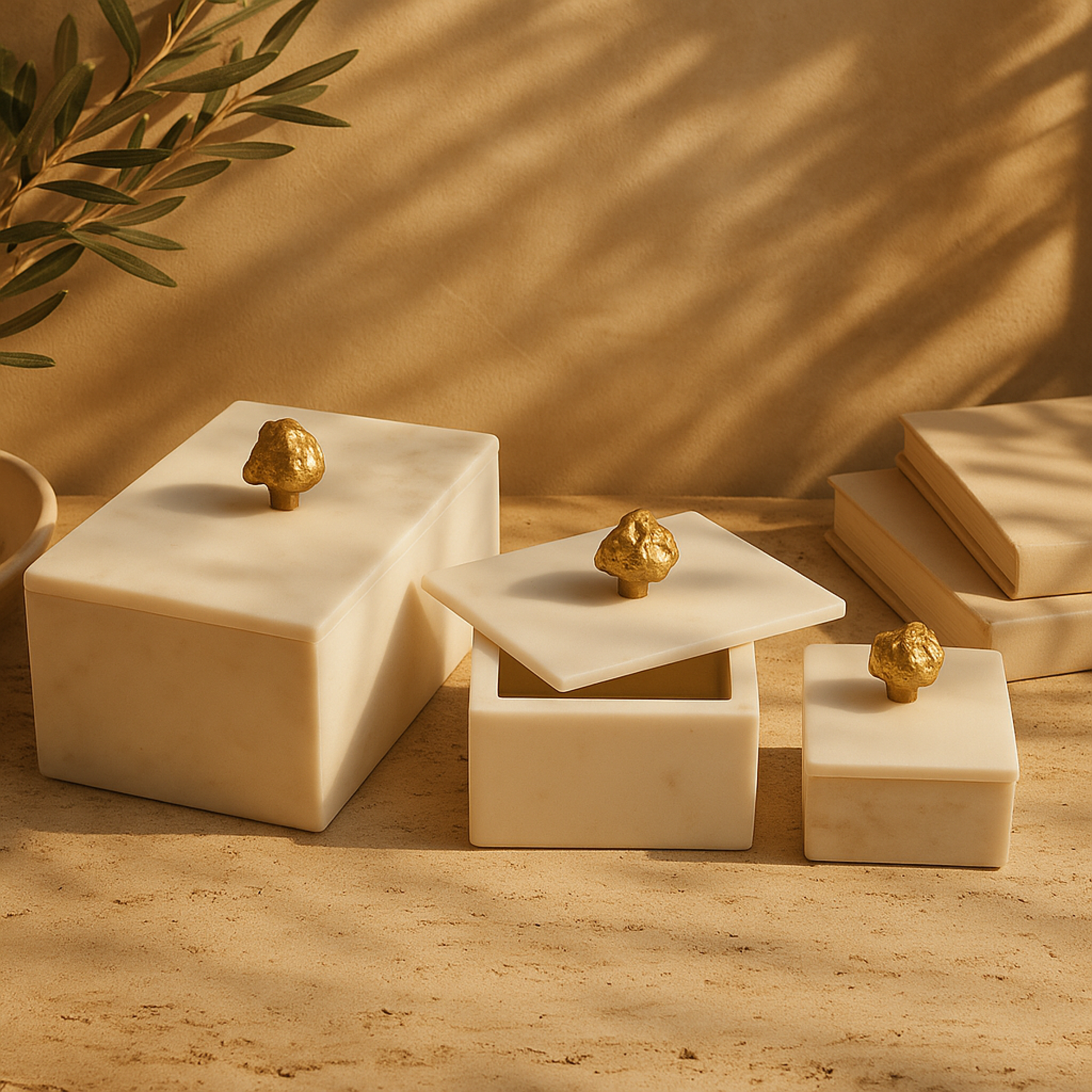 Set of 3 Marble Decorative Box with Textured Aluminum Knobs Set of 3 9", 7", 6"W