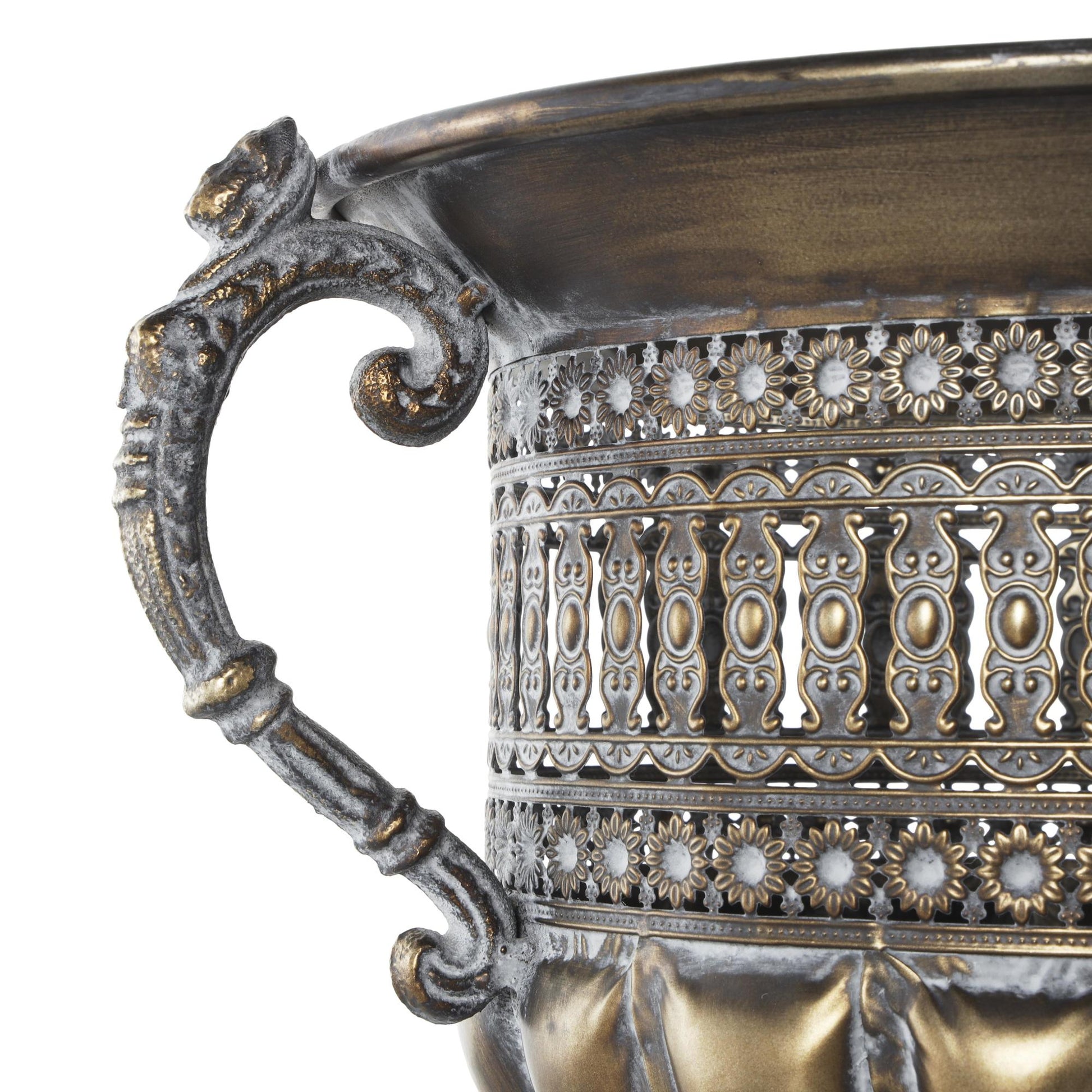 Scroll Bronze Metal Urn Shaped Decorative Vase with Cut Outs