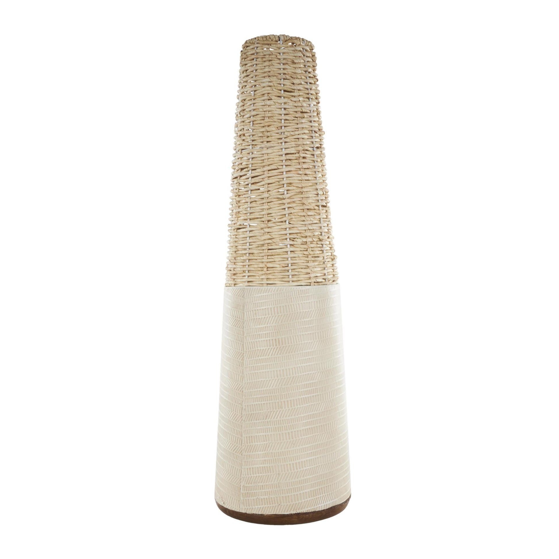 Geometric Light Brown Rattan Handmade Woven Decorative Vase with Beige Metal Base