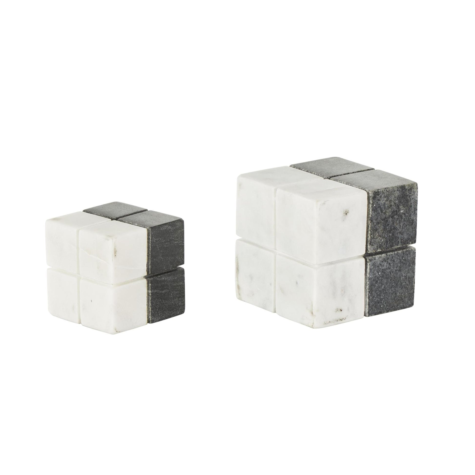 Set of 2 Geometric White Marble Dice Decorative Sculpture with Black Accent