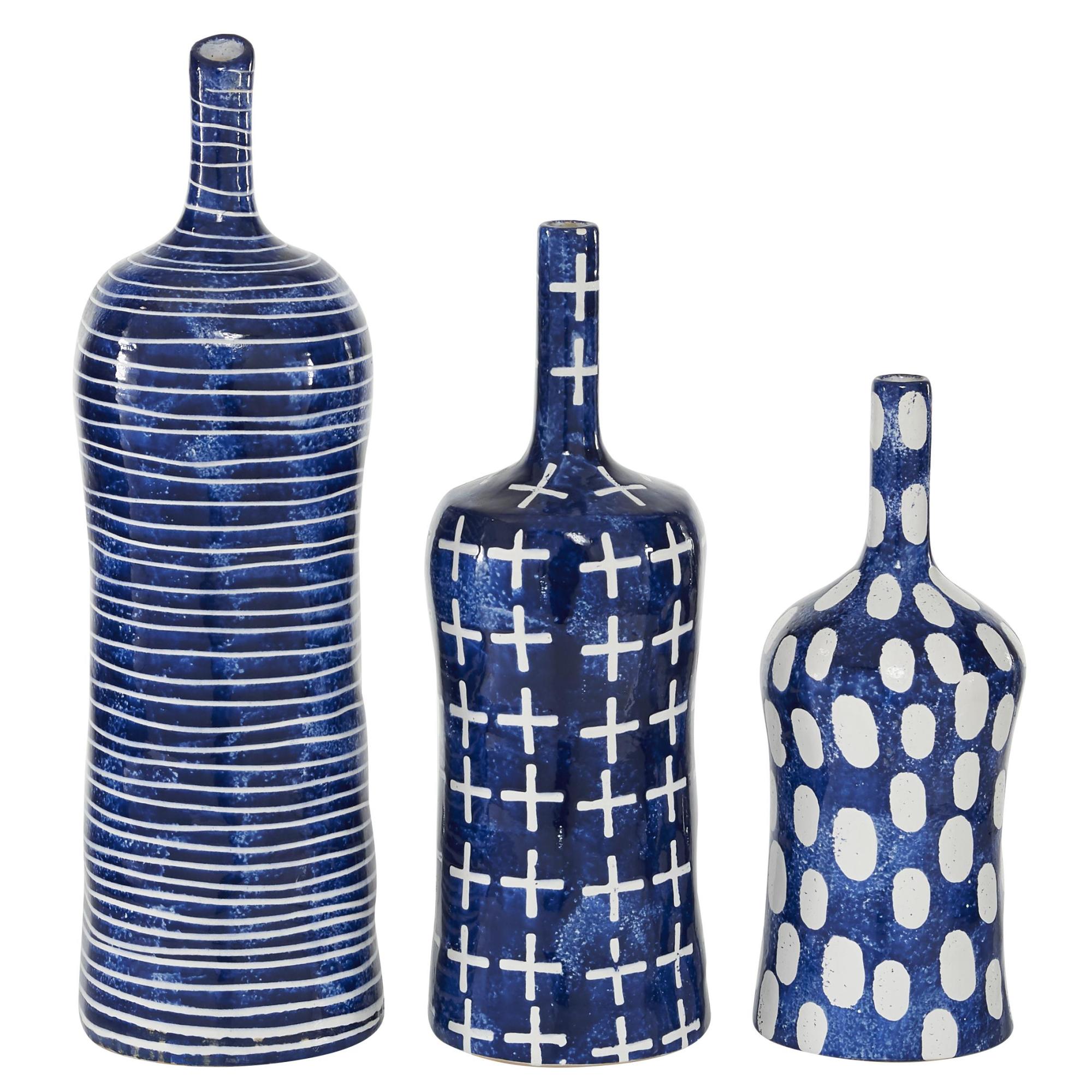 Set of 3 Blue Ceramic Decorative Vase with Varying Patterns