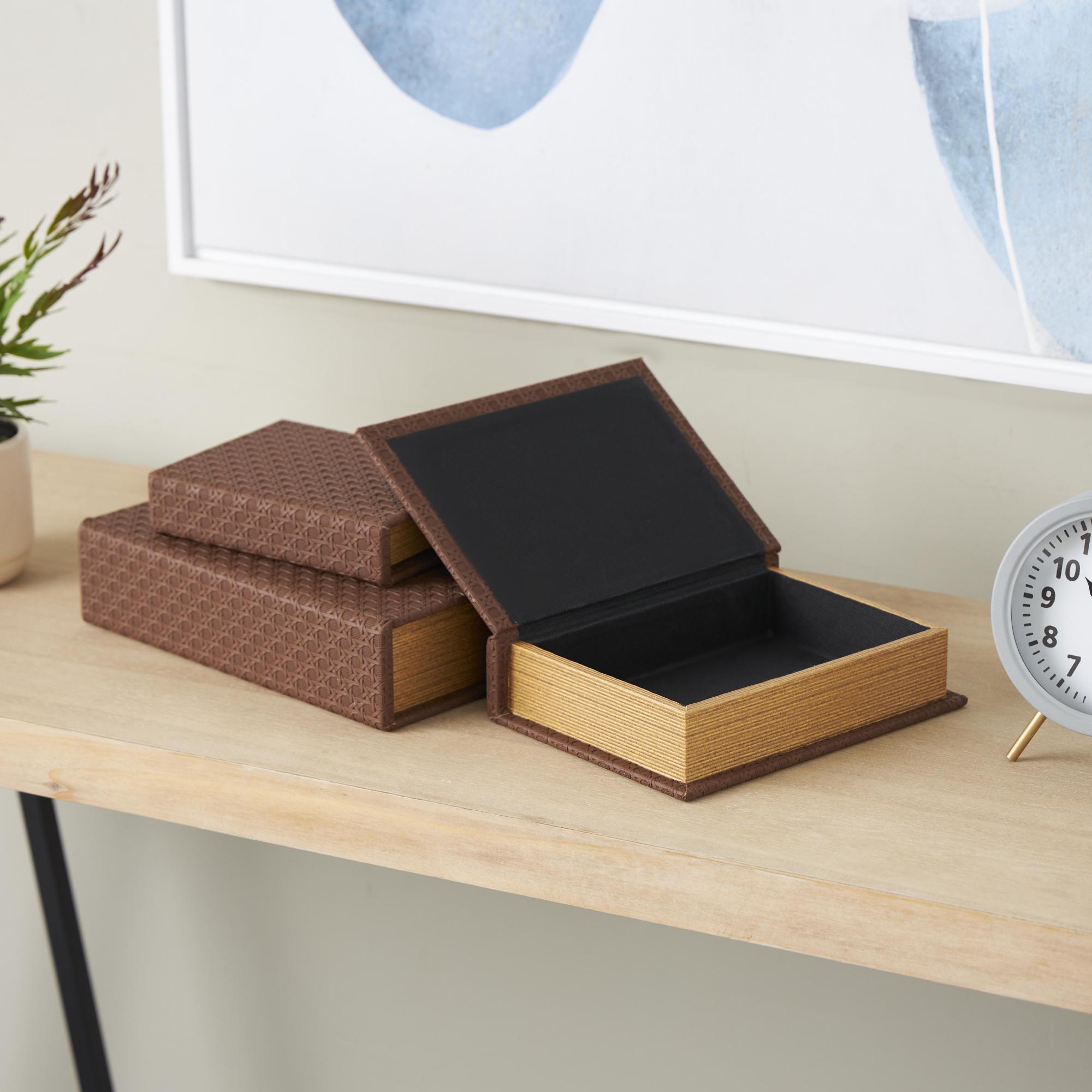 Set of 3 Faux Leather Woven Grid Faux Book Storage Decorative Box