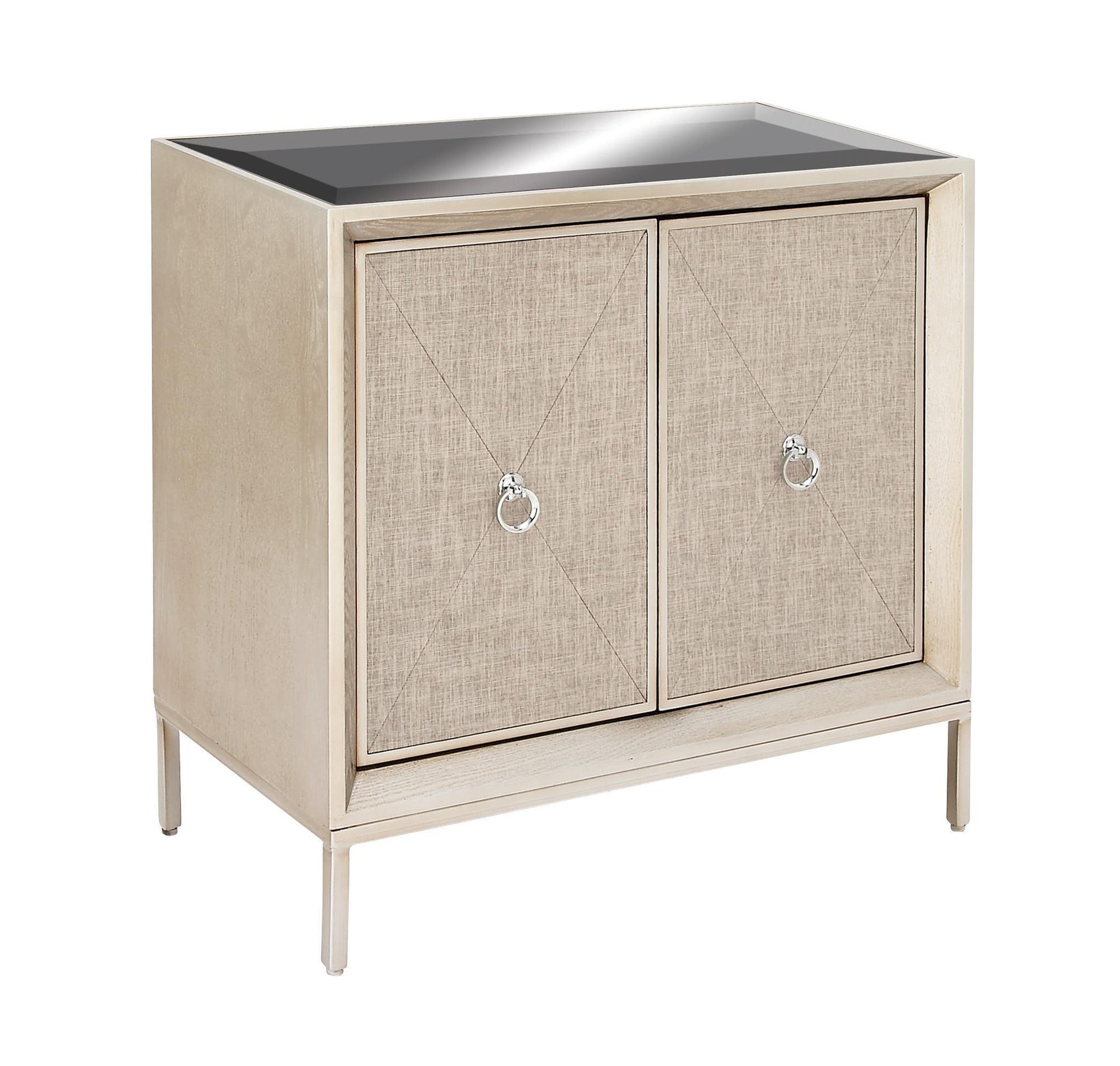 Beige Wooden Upholstered Front Panel 2 Door Room Cabinet with Mirrored Top and Ring Handles