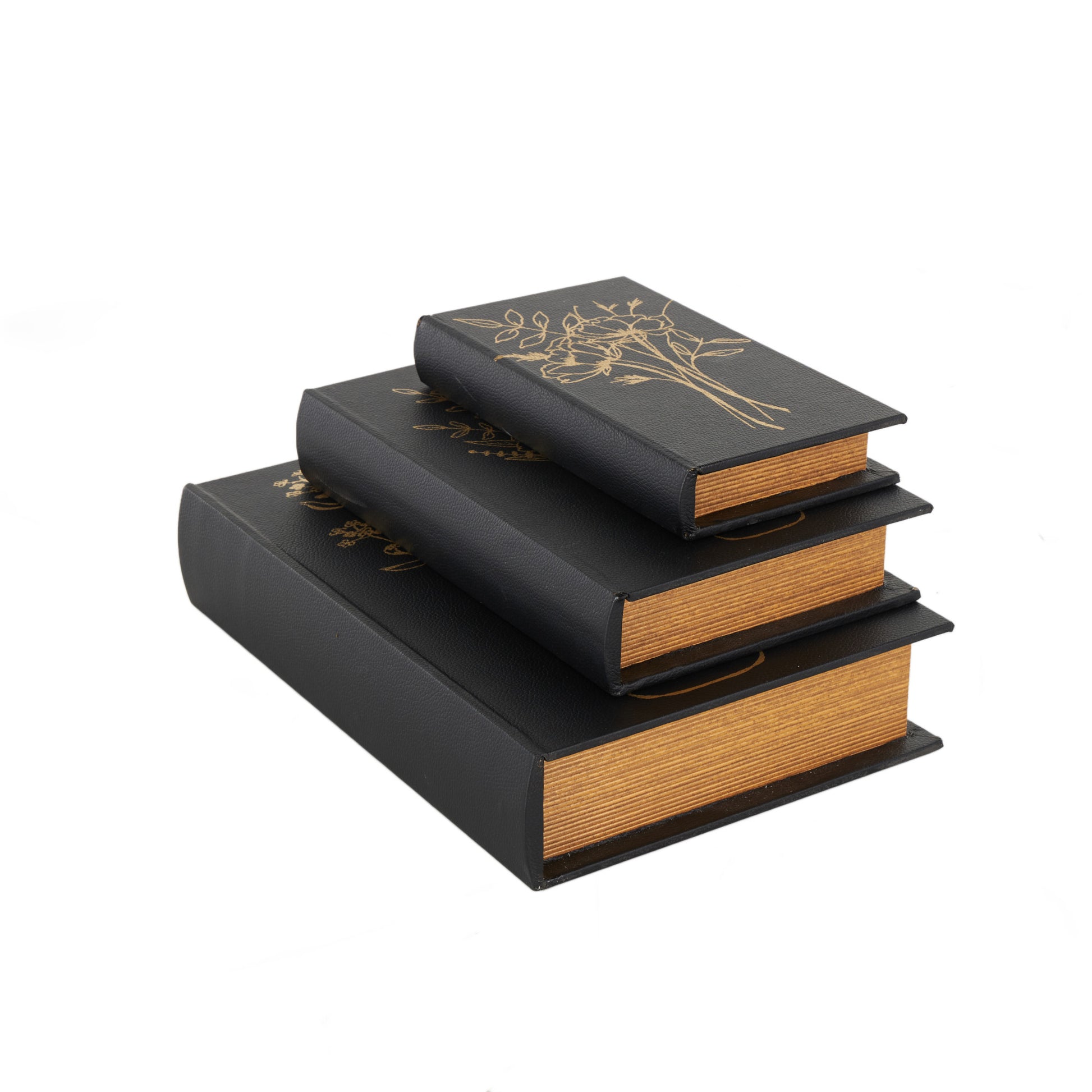 Set of 3 Floral Black Faux Leather Outline Faux Book Storage Decorative Box with Metallic Gold Accents