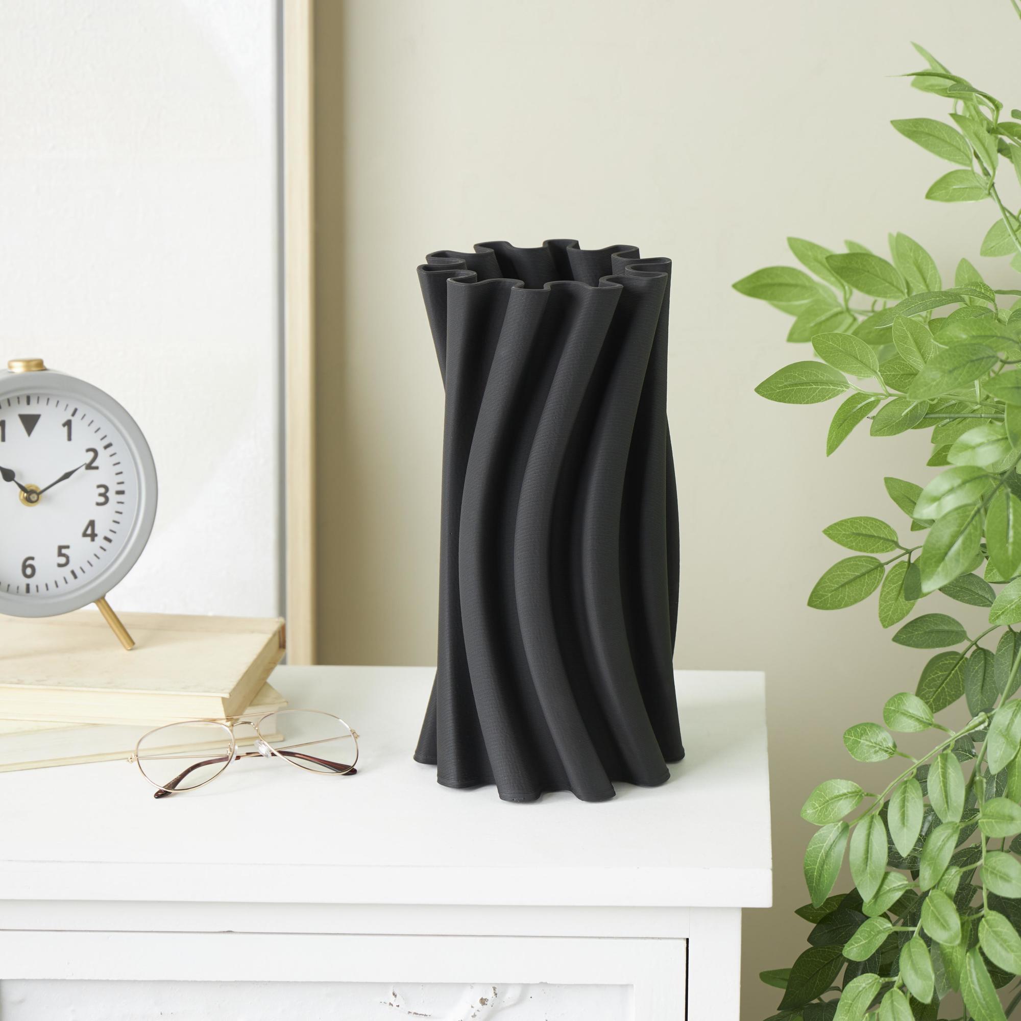 Abstract Black Ceramic Curvy Ribbed Decorative Vase with Floral Shaped Rim