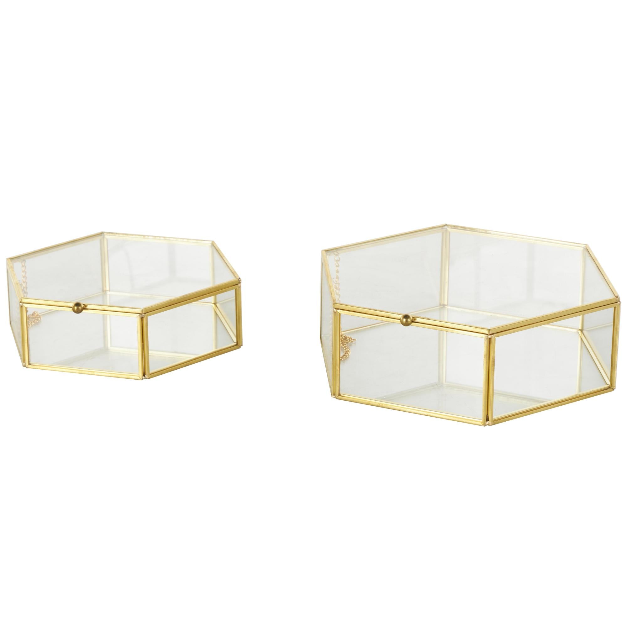 Set of 2 Geometric Clear Glass Hexagon Decorative Jewelry Box with Gold Metal Frame and Chain Accent