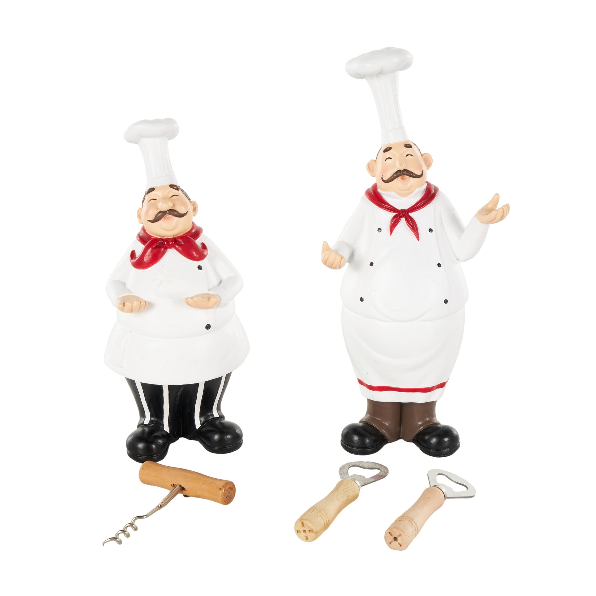 Set of 2 Chef White Polystone Kitchen Bottle Opener Holder Decorative Sculpture with Corkscrew