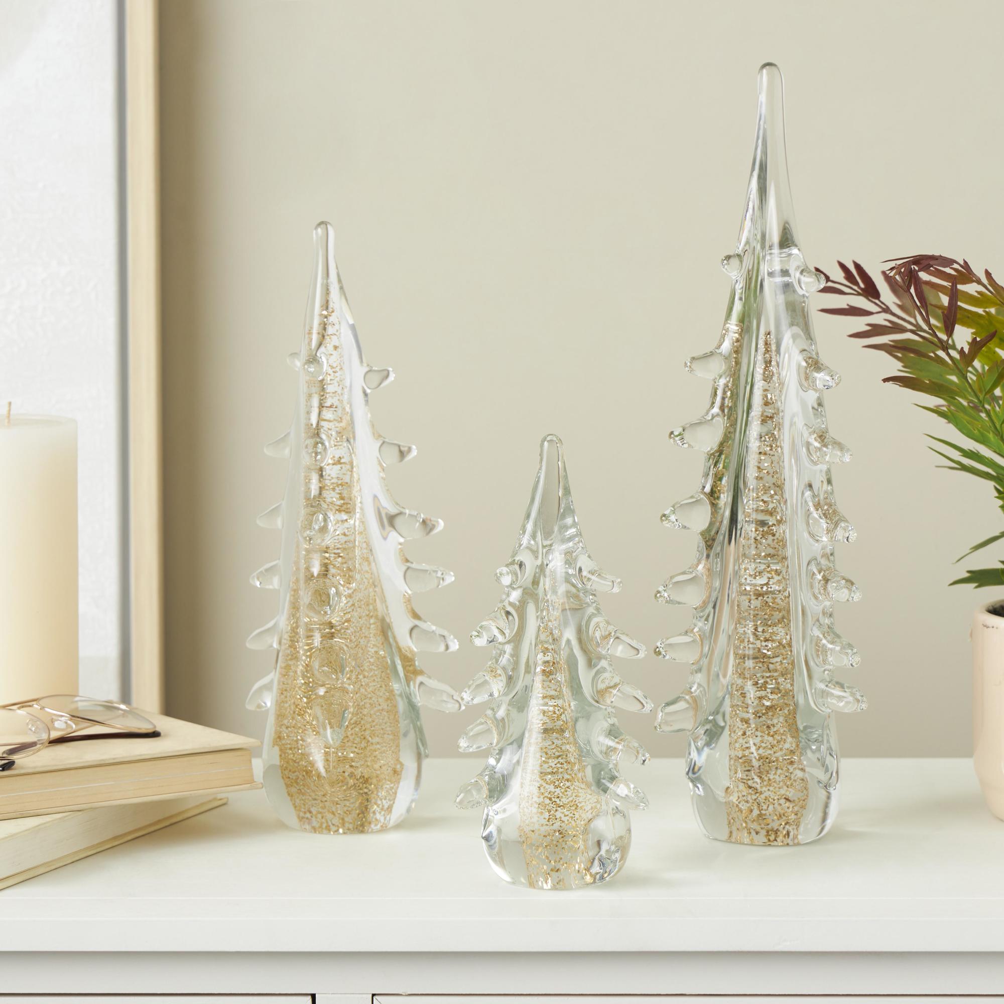 Set of 3 Tree Gold Glass Dimensional Decorative Sculpture with Gold Flake Accents