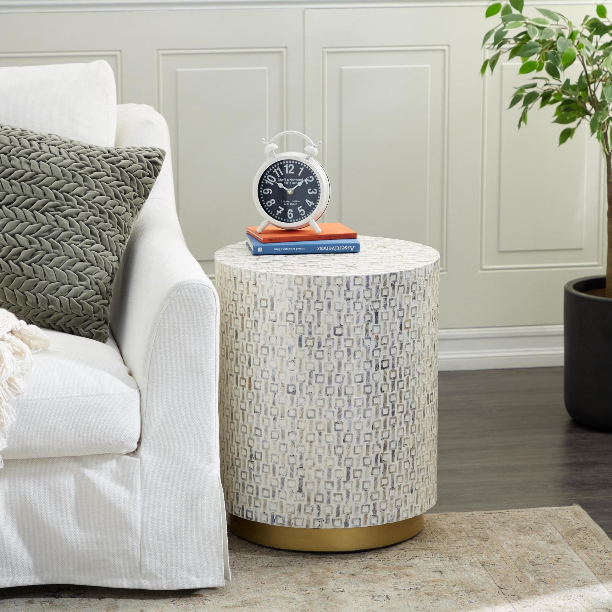 Geometric Mother of Pearl Shell Side End Accent Table with Gold Base