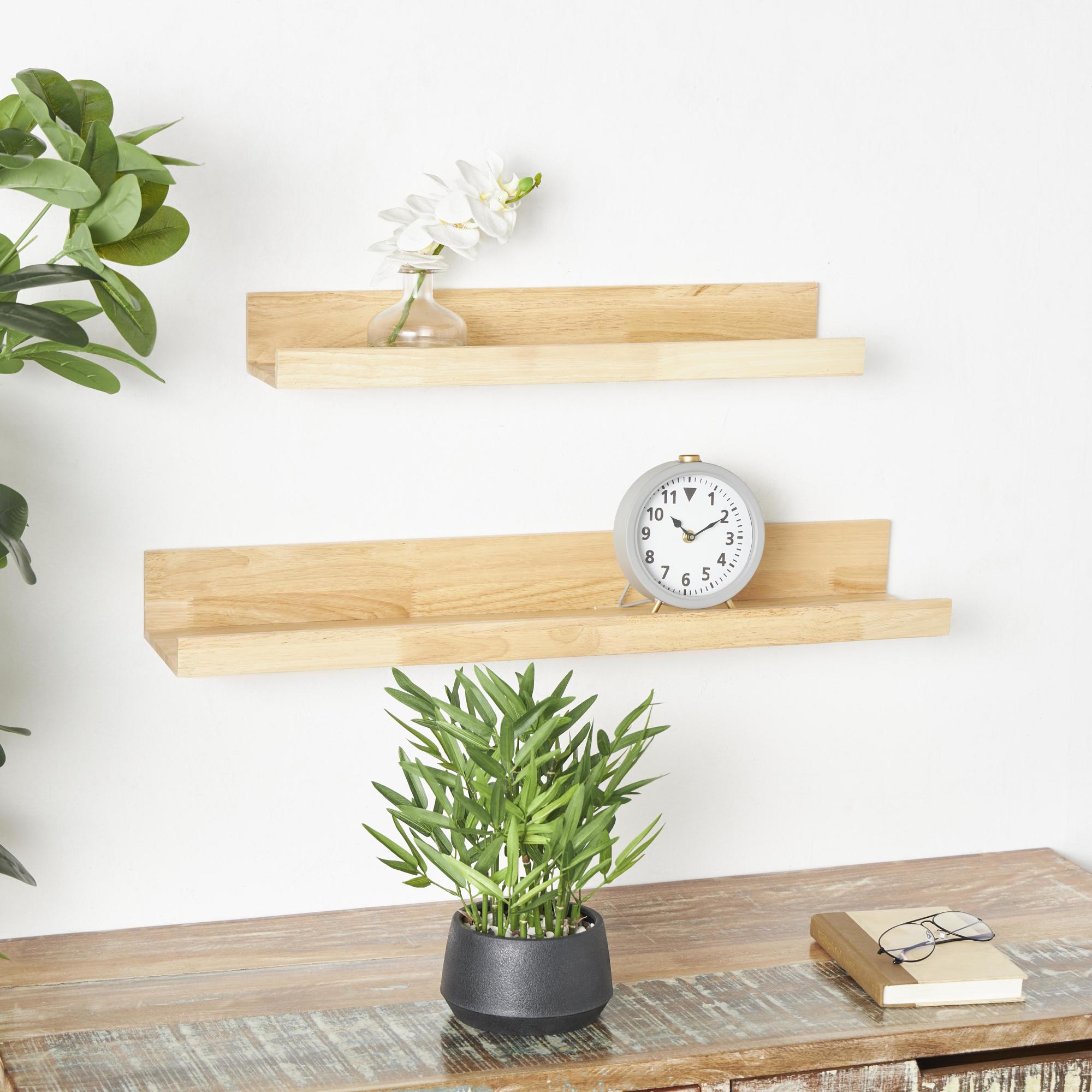 Set of 2 Light Brown Wood 2 Shelves Room Wall Shelf with Lip