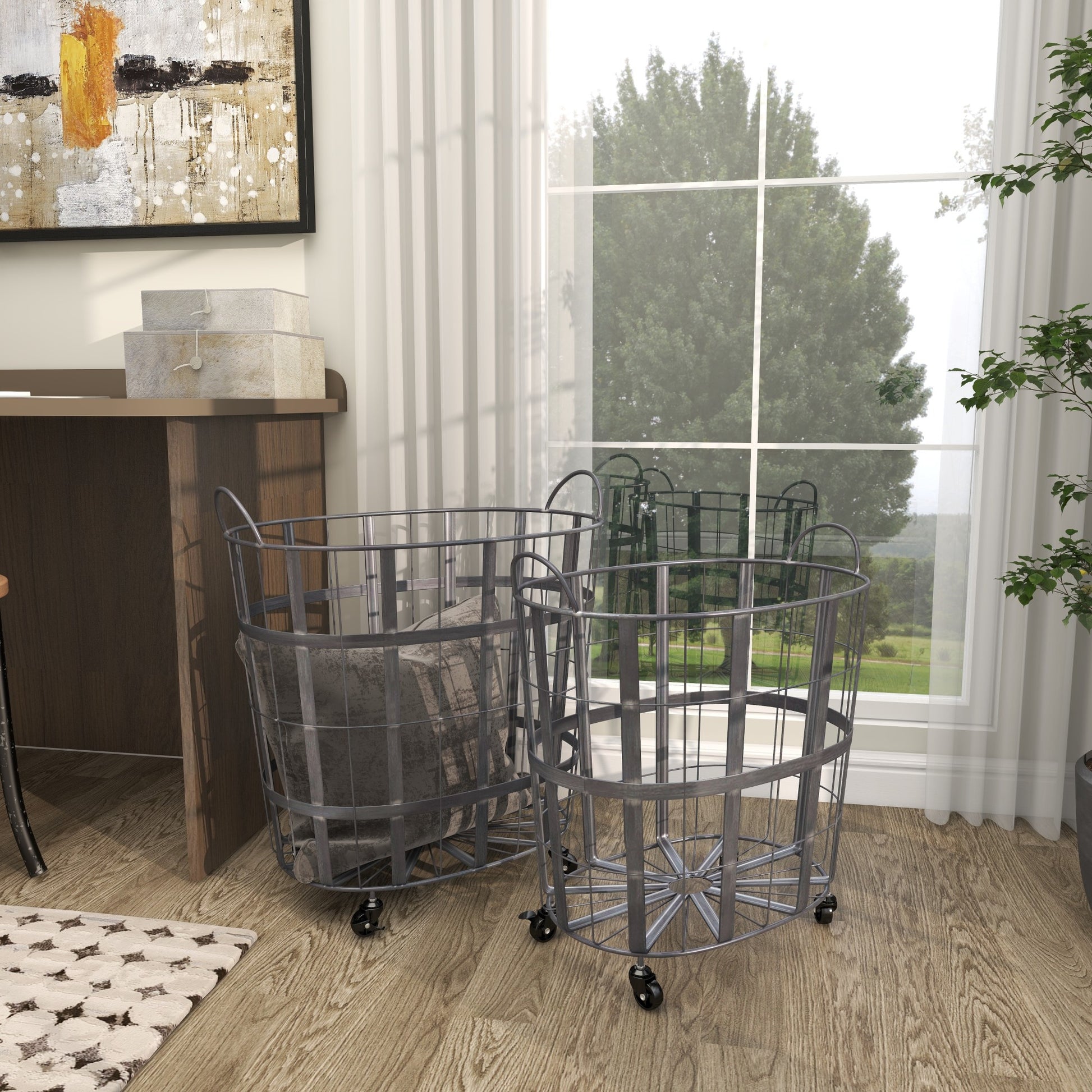 Set of 2 Black Metal Wire Grid Decorative and Functional Storage Basket with Wheels and Handles