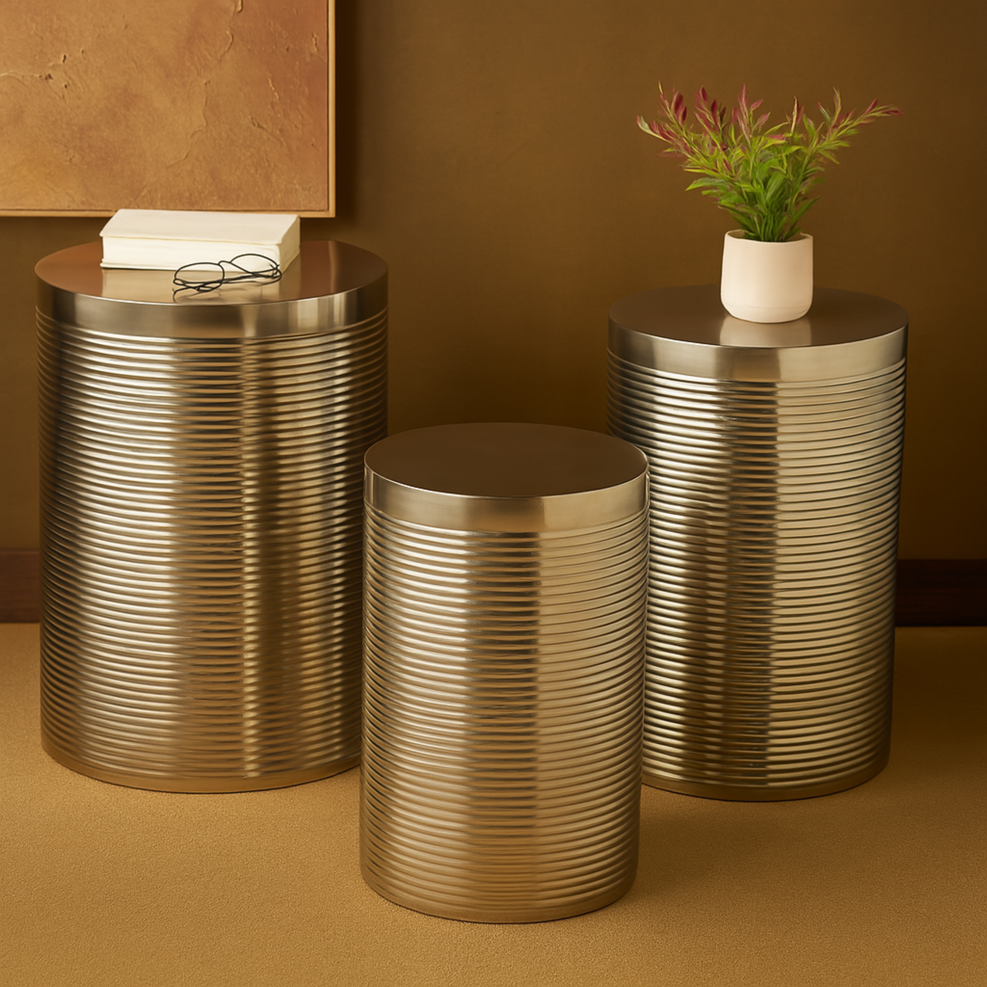 Set of 3 Metal Ribbed Drum Side End Accent Table Set of 3 24", 22", 20"H