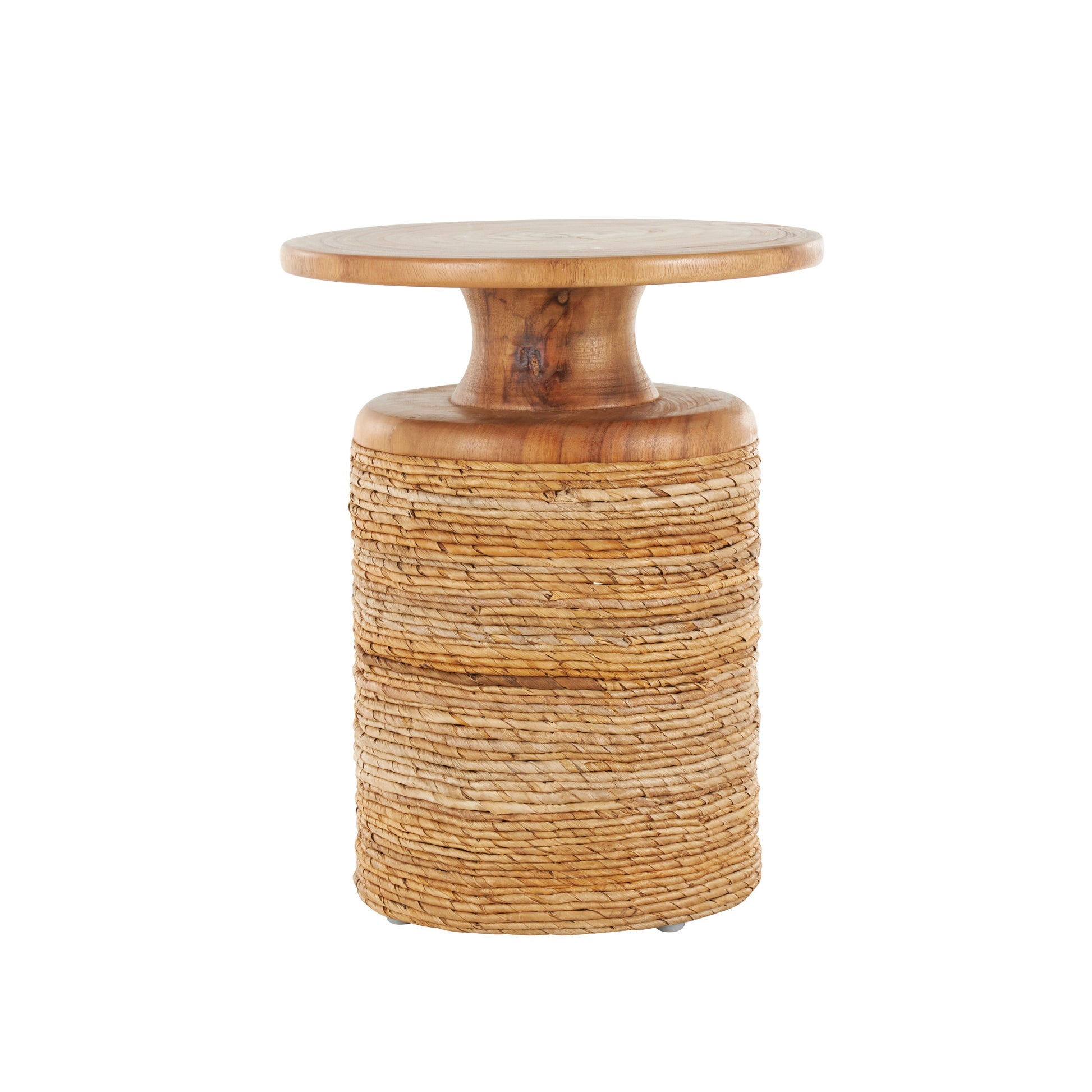 Brown Banana Leaf Handmade Woven Side End Accent Table with Wooden Tabletop