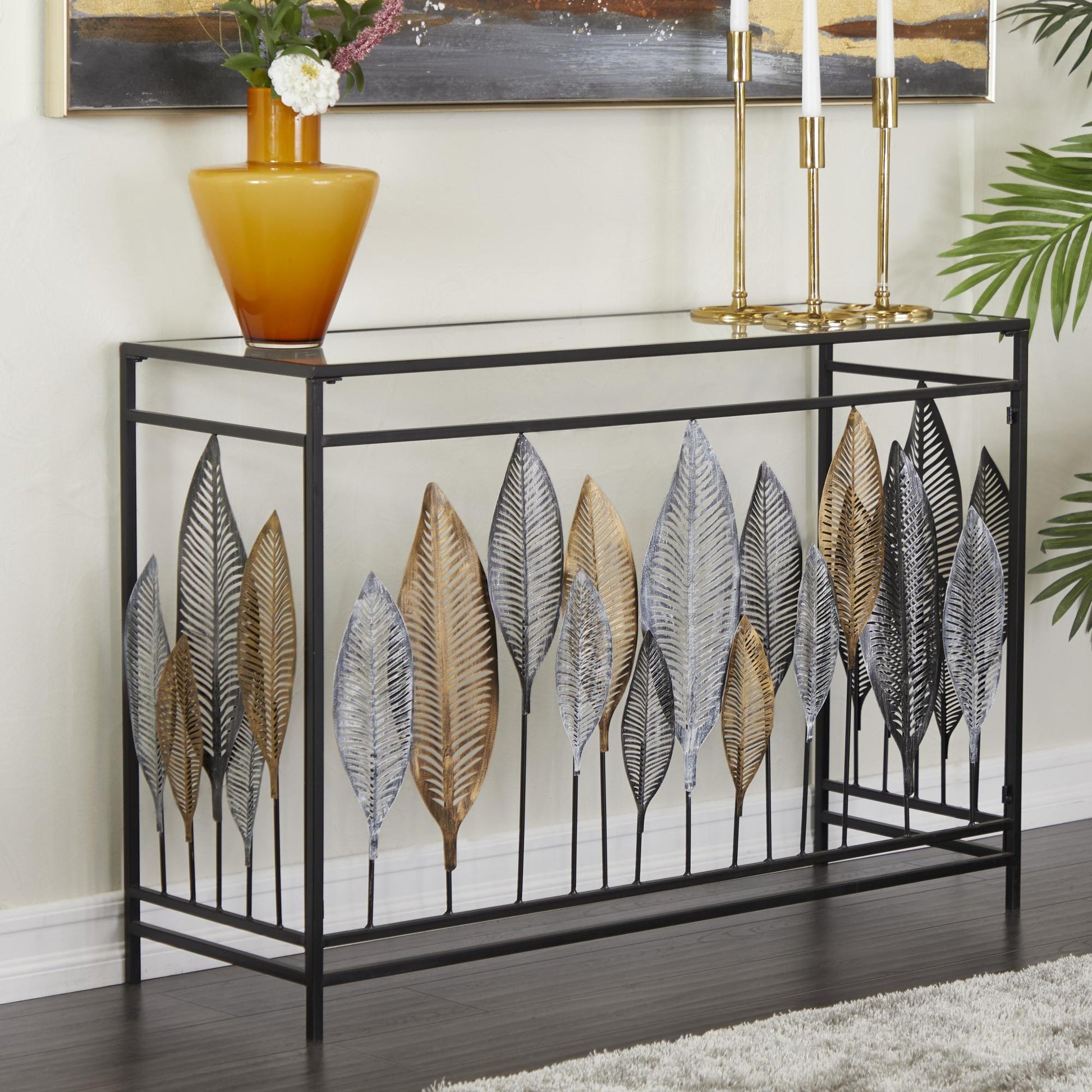 Leaf Metal Rectangular Living Room Console Table with Mirrored Glass Top and Gold Accents