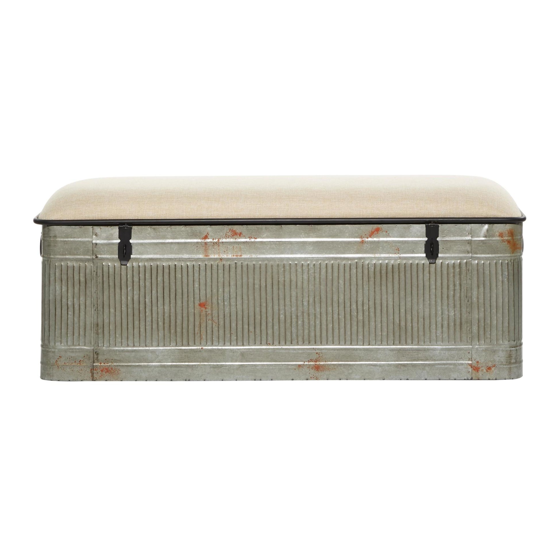 Gray Metal Galvanized Room Storage Bench with Cream Burlap Top and Black Latches
